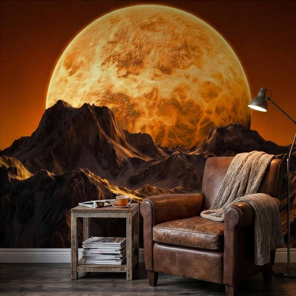 Giant Sun Over Mountains Peel and Stick Wall Mural, Space Sci Fi Celestial Landscape with Orange Sky, Epic Lunar Planet Horizon Wallpaper