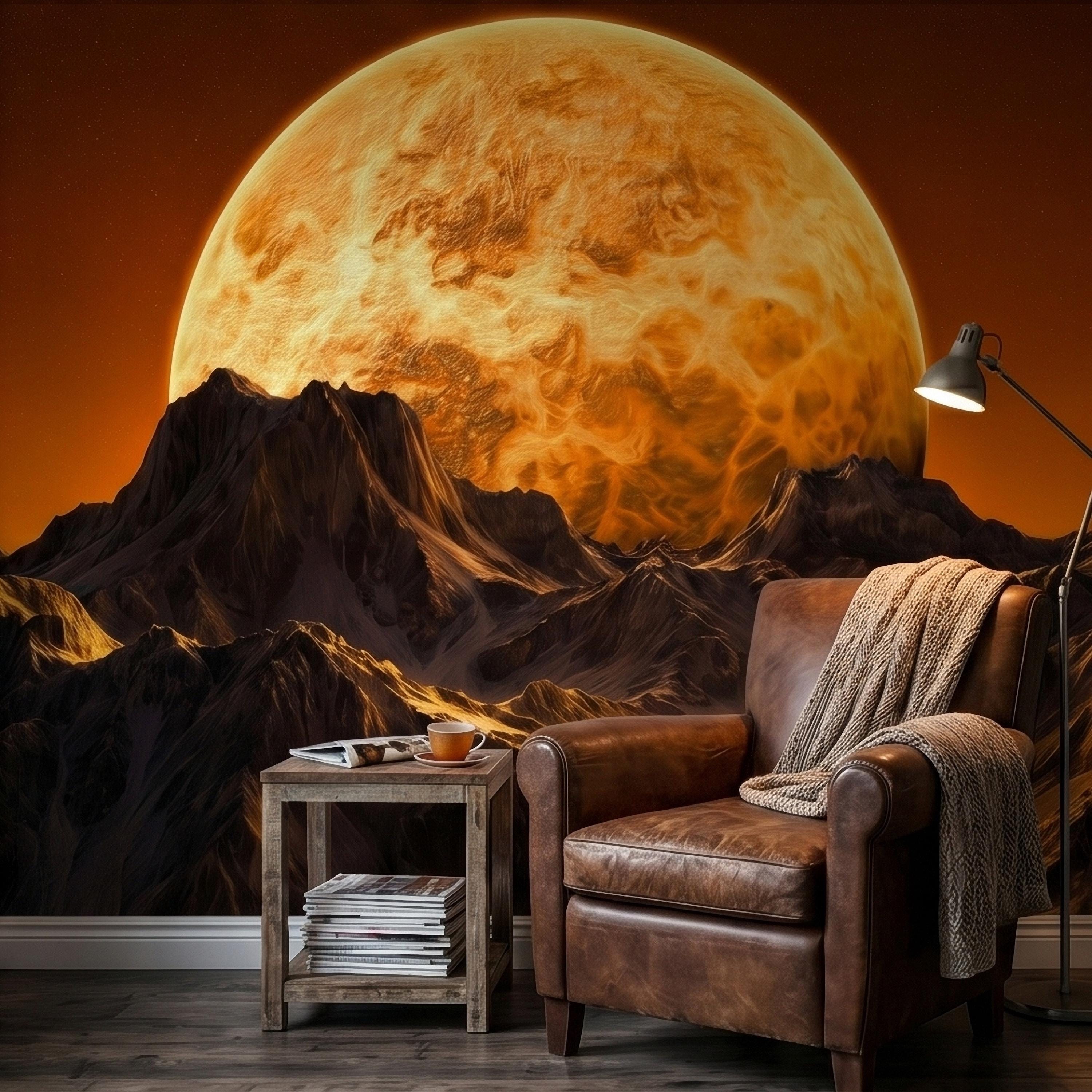 Giant Sun Over Mountains Peel and Stick Wall Mural, Space Sci Fi Celestial Landscape with Orange Sky, Epic Lunar Planet Horizon Wallpaper