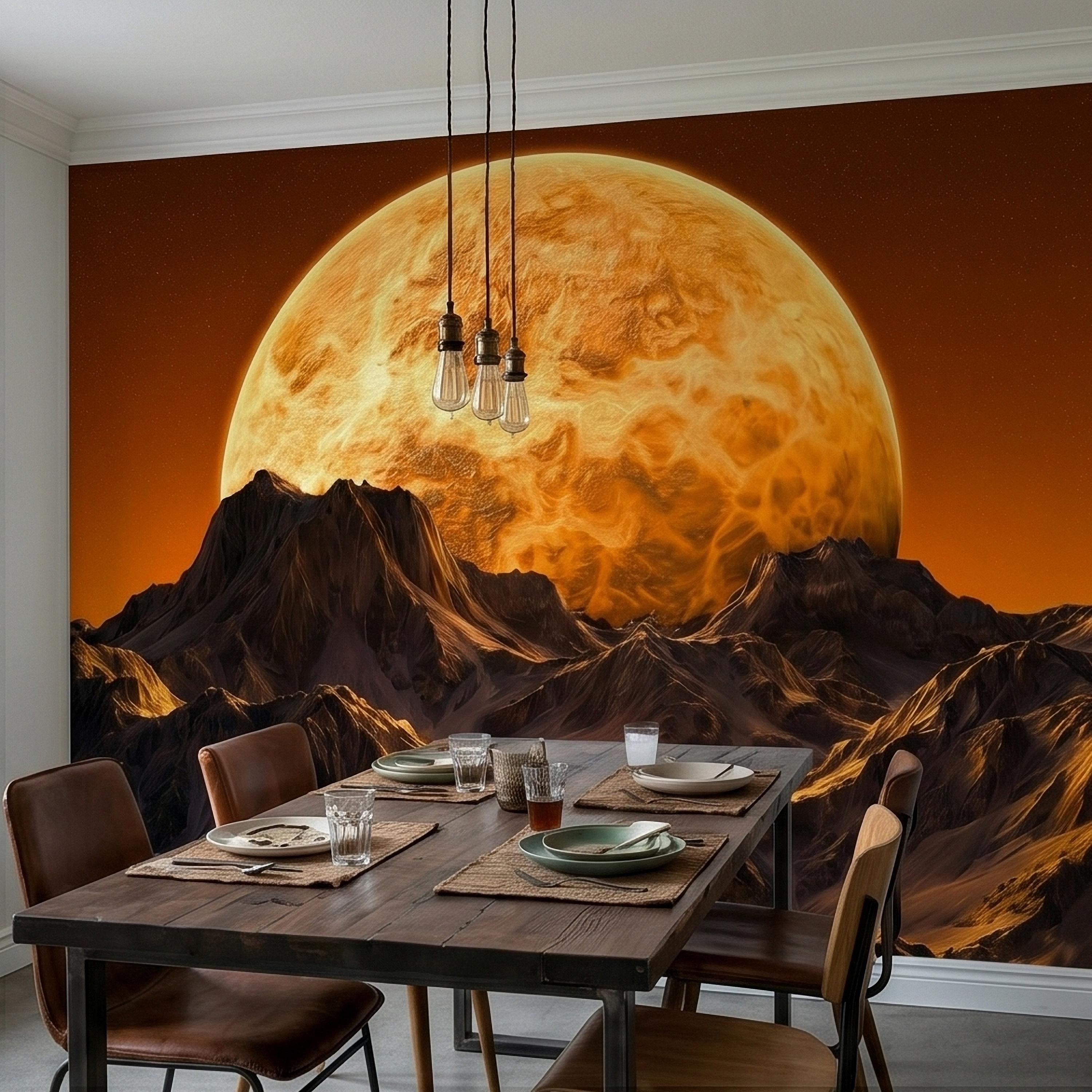 Giant Sun Over Mountains Peel and Stick Wall Mural, Space Sci Fi Celestial Landscape with Orange Sky, Epic Lunar Planet Horizon Wallpaper