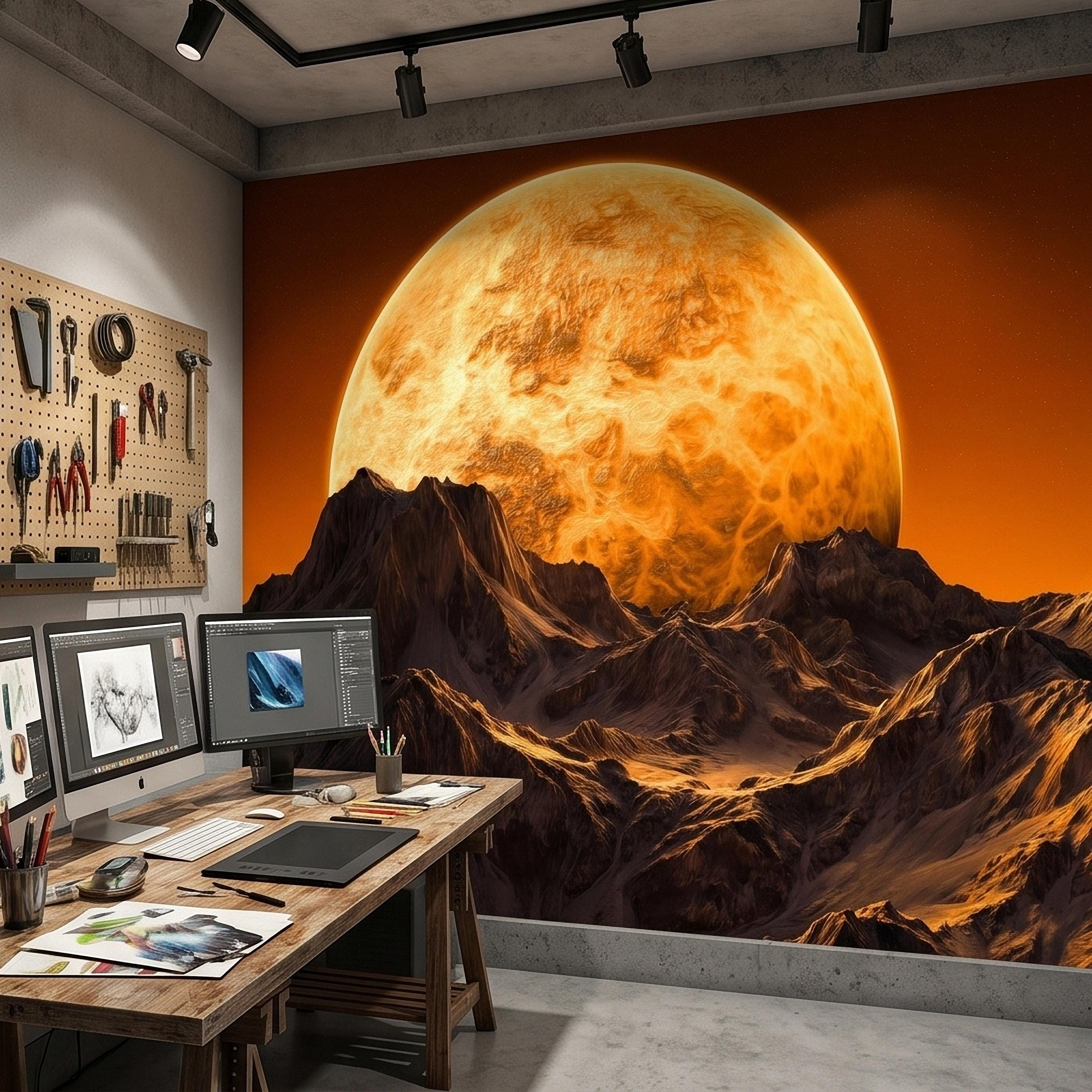 Giant Sun Over Mountains Peel and Stick Wall Mural, Space Sci Fi Celestial Landscape with Orange Sky, Epic Lunar Planet Horizon Wallpaper
