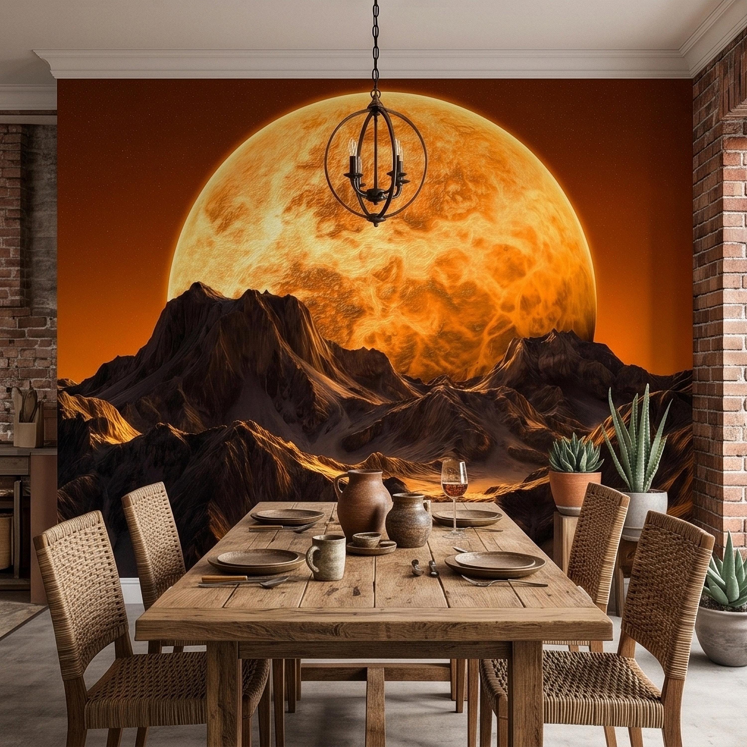 Giant Sun Over Mountains Peel and Stick Wall Mural, Space Sci Fi Celestial Landscape with Orange Sky, Epic Lunar Planet Horizon Wallpaper