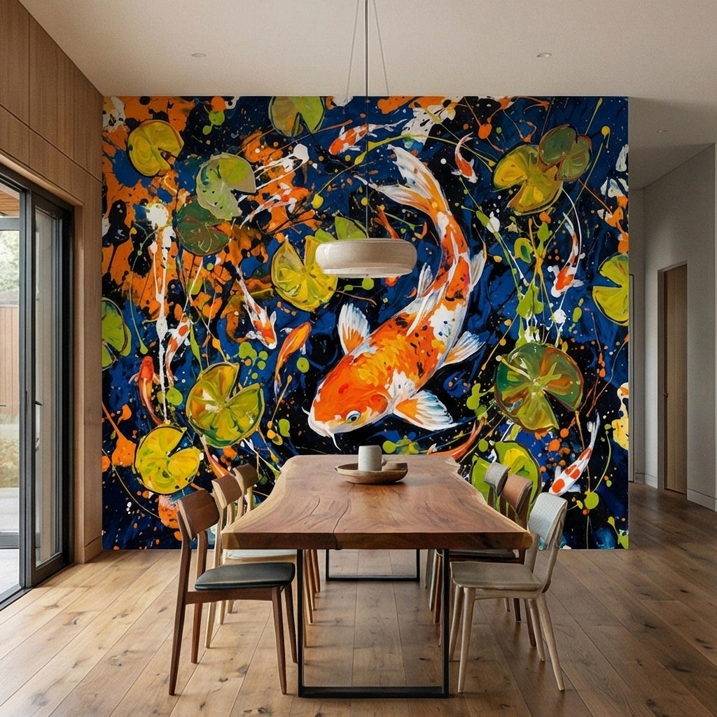 Hand Painted Koi Fish and Lily Pads Ink Splatter Peel and Stick Wall Mural, Midnight Blue Orange Koi Japanese Pond Modern Abstract Wallpaper