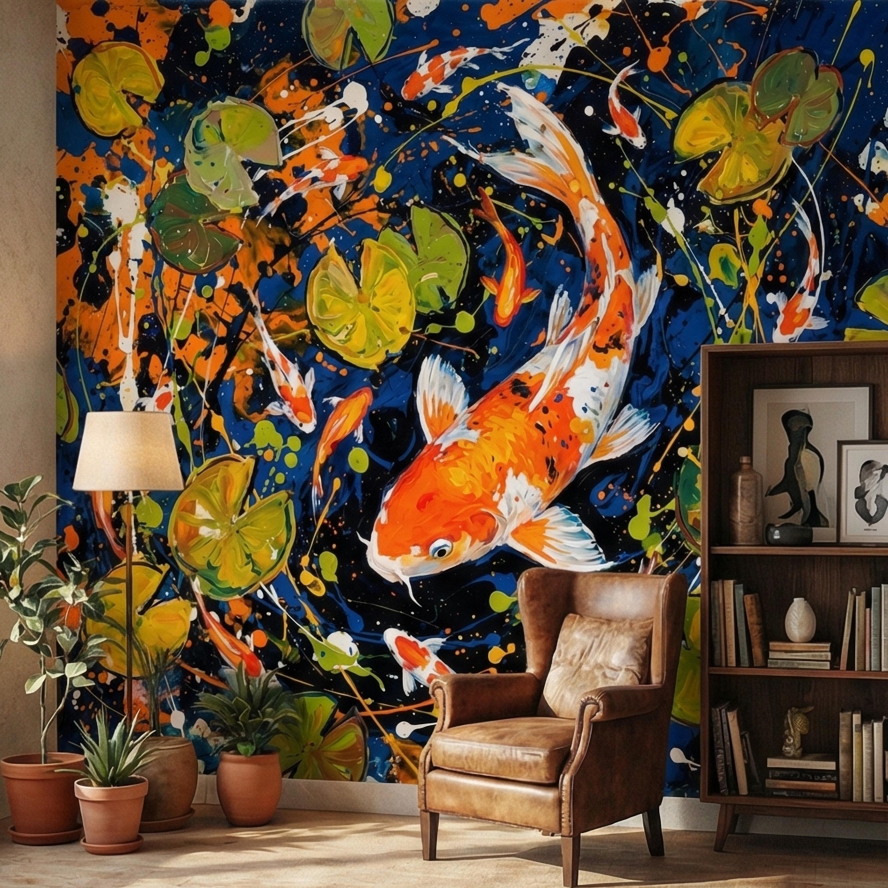 Hand Painted Koi Fish and Lily Pads Ink Splatter Peel and Stick Wall Mural, Midnight Blue Orange Koi Japanese Pond Modern Abstract Wallpaper