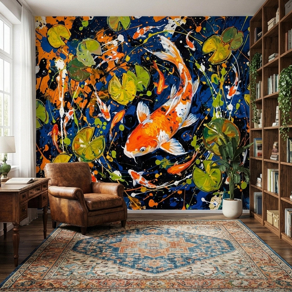 Hand Painted Koi Fish and Lily Pads Ink Splatter Peel and Stick Wall Mural, Midnight Blue Orange Koi Japanese Pond Modern Abstract Wallpaper