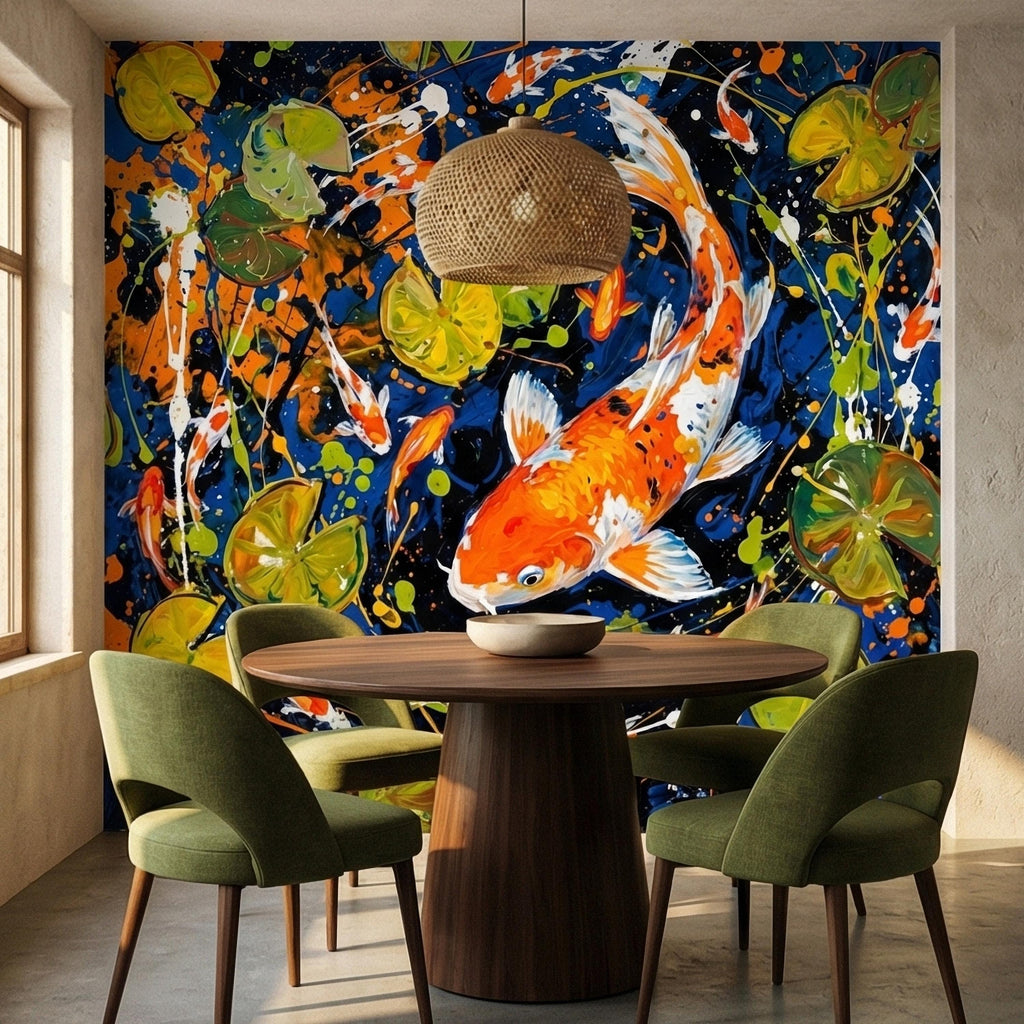 Hand Painted Koi Fish and Lily Pads Ink Splatter Peel and Stick Wall Mural, Midnight Blue Orange Koi Japanese Pond Modern Abstract Wallpaper