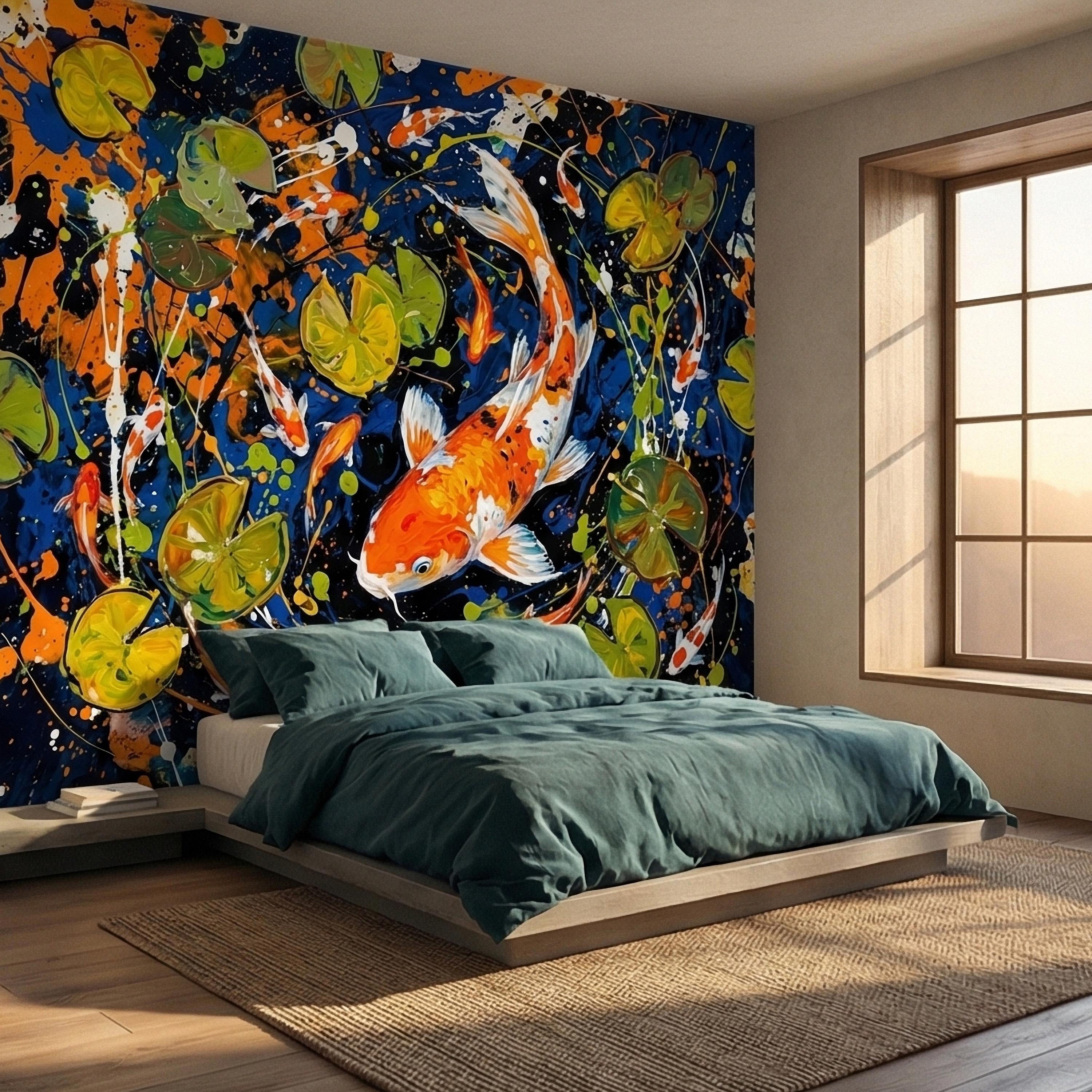 Hand Painted Koi Fish and Lily Pads Ink Splatter Peel and Stick Wall Mural, Midnight Blue Orange Koi Japanese Pond Modern Abstract Wallpaper