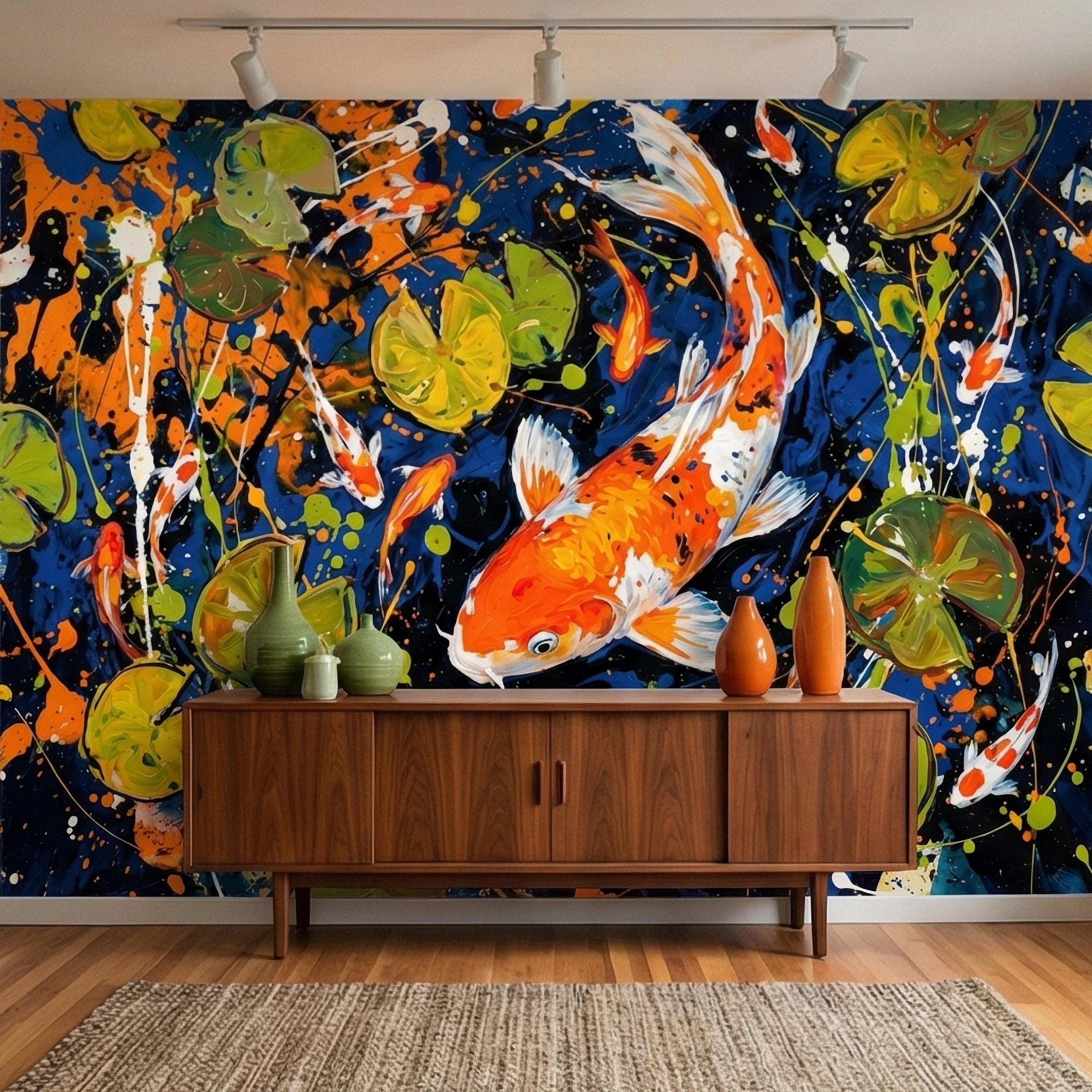 Hand Painted Koi Fish and Lily Pads Ink Splatter Peel and Stick Wall Mural, Midnight Blue Orange Koi Japanese Pond Modern Abstract Wallpaper