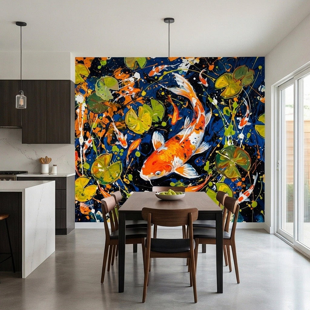 Hand Painted Koi Fish and Lily Pads Ink Splatter Peel and Stick Wall Mural, Midnight Blue Orange Koi Japanese Pond Modern Abstract Wallpaper