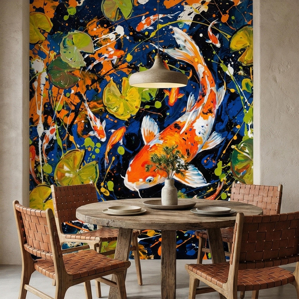 Hand Painted Koi Fish and Lily Pads Ink Splatter Peel and Stick Wall Mural, Midnight Blue Orange Koi Japanese Pond Modern Abstract Wallpaper