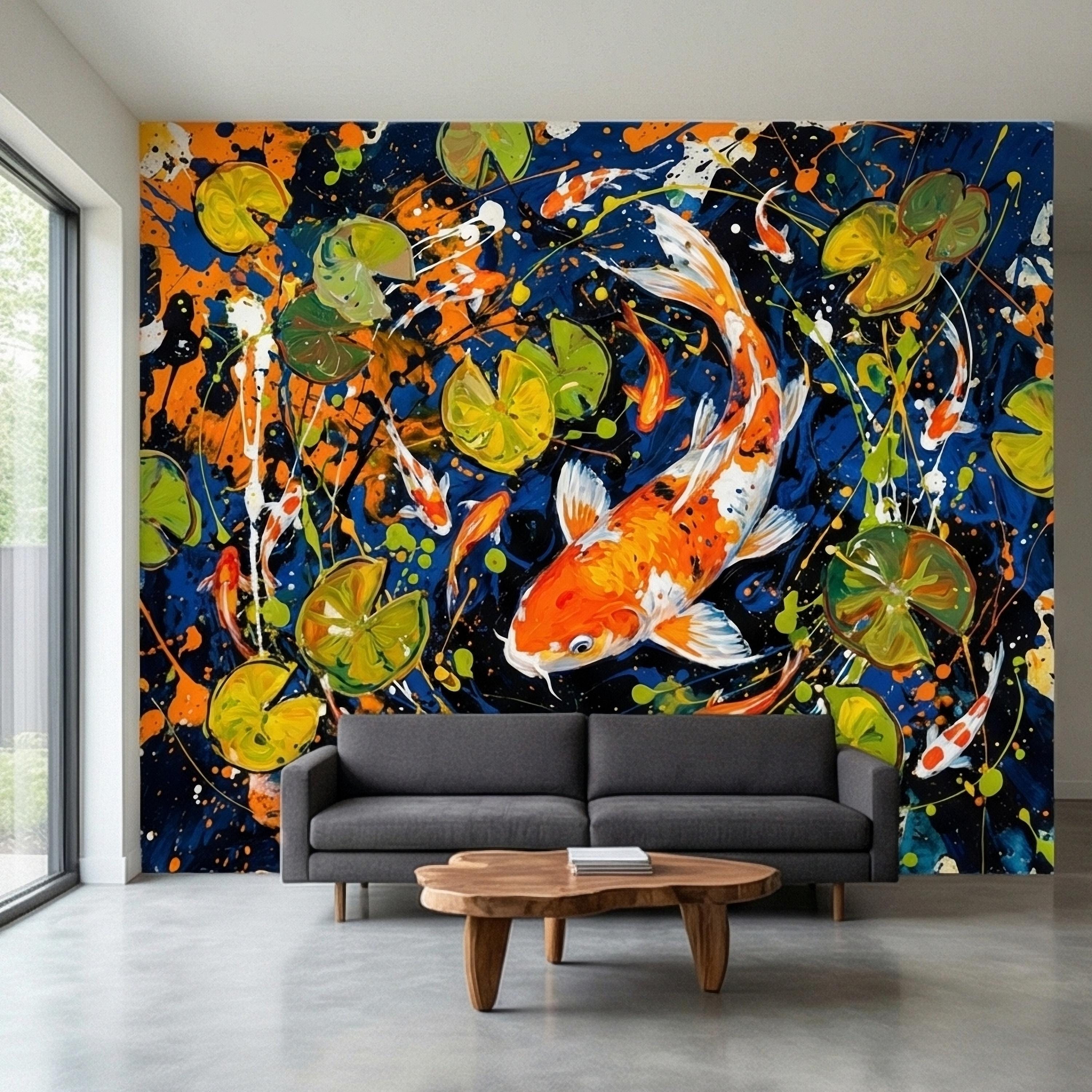 Hand Painted Koi Fish and Lily Pads Ink Splatter Peel and Stick Wall Mural, Midnight Blue Orange Koi Japanese Pond Modern Abstract Wallpaper