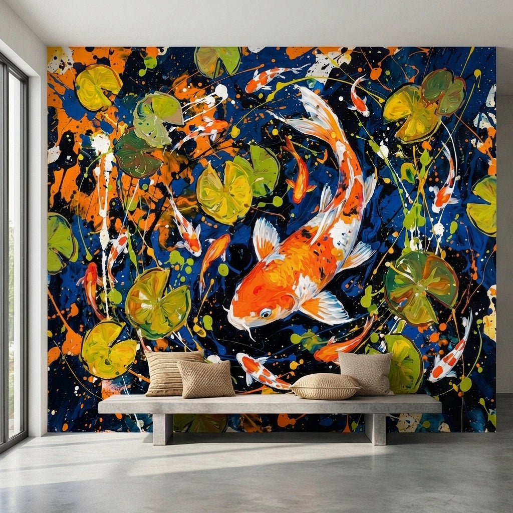 Hand Painted Koi Fish and Lily Pads Ink Splatter Peel and Stick Wall Mural, Midnight Blue Orange Koi Japanese Pond Modern Abstract Wallpaper