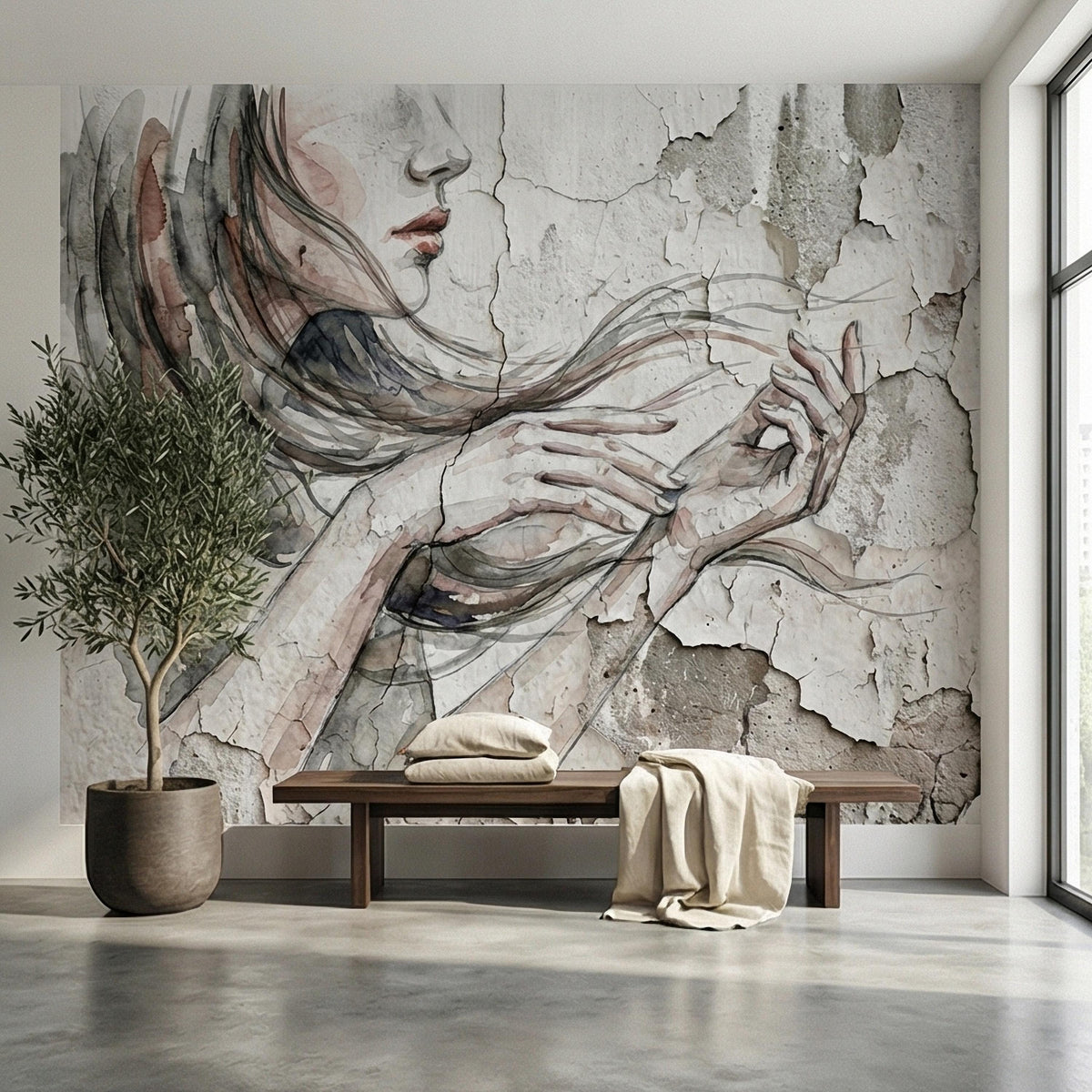 Watercolor Woman Portrait on Cracked Plaster Texture Peel and Stick Wall Mural, Neutral Minimal Figure Sketch Vintage Grunge Wallpaper - The Fine Art Murals