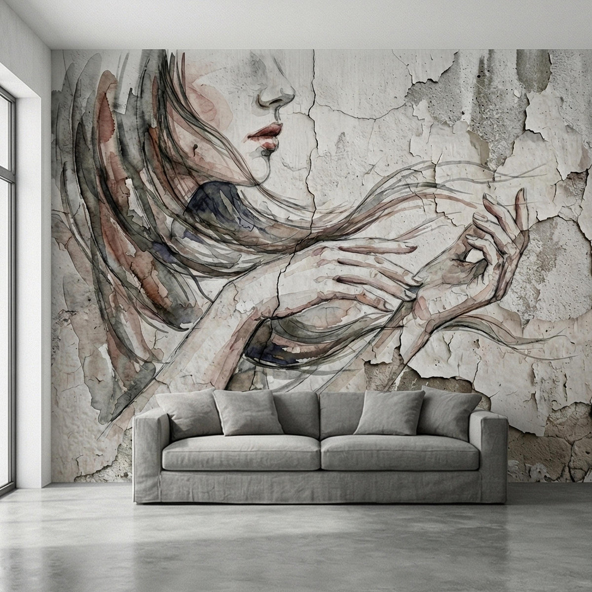 Watercolor Woman Portrait on Cracked Plaster Texture Peel and Stick Wall Mural, Neutral Minimal Figure Sketch Vintage Grunge Wallpaper - The Fine Art Murals