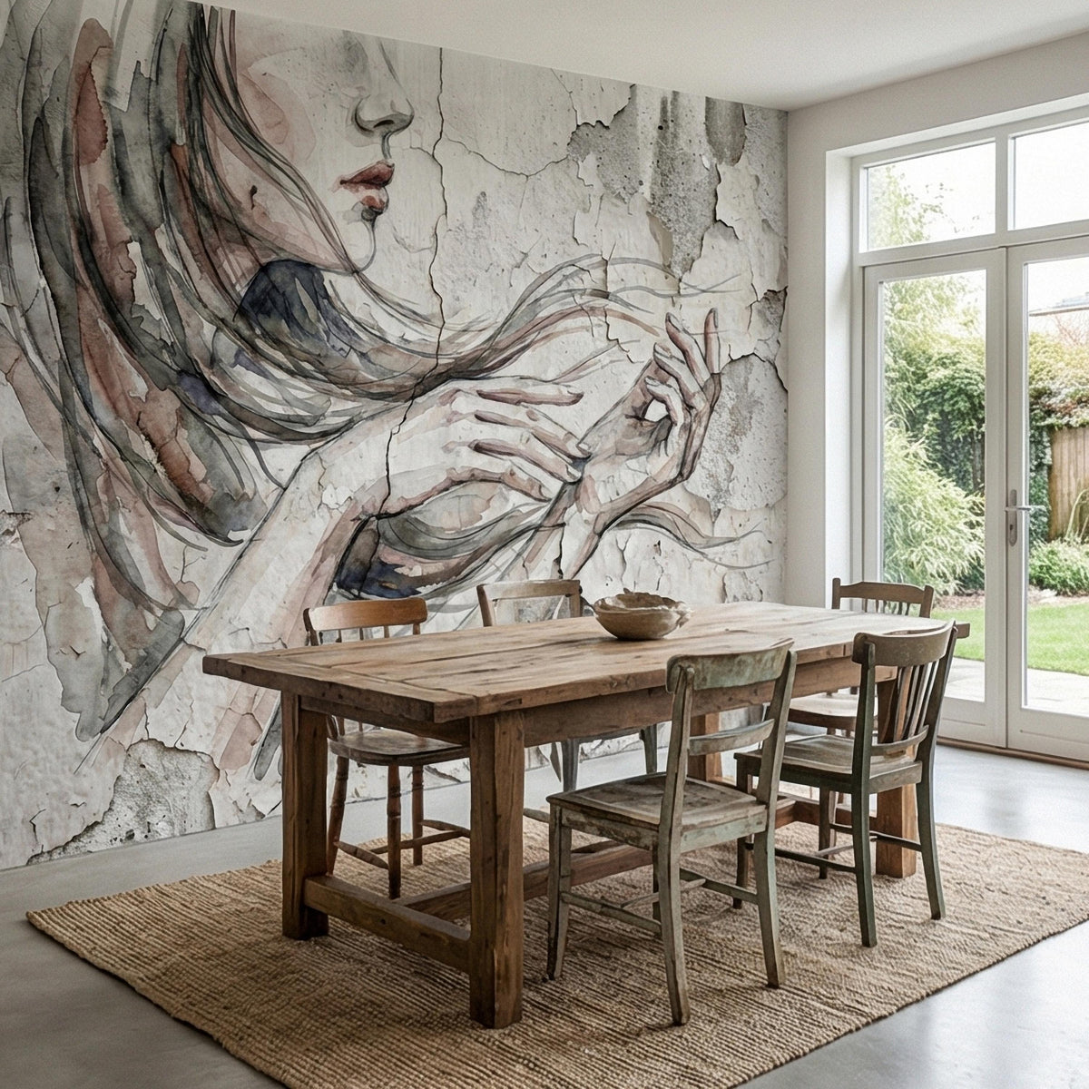 Watercolor Woman Portrait on Cracked Plaster Texture Peel and Stick Wall Mural, Neutral Minimal Figure Sketch Vintage Grunge Wallpaper - The Fine Art Murals
