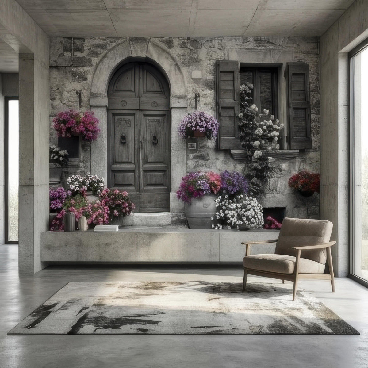 Vintage Italian Stone Doorway with Colorful Flower Pots Peel and Stick Wall Mural, Rustic European Cottage Courtyard Photography Wallpaper - The Fine Art Murals