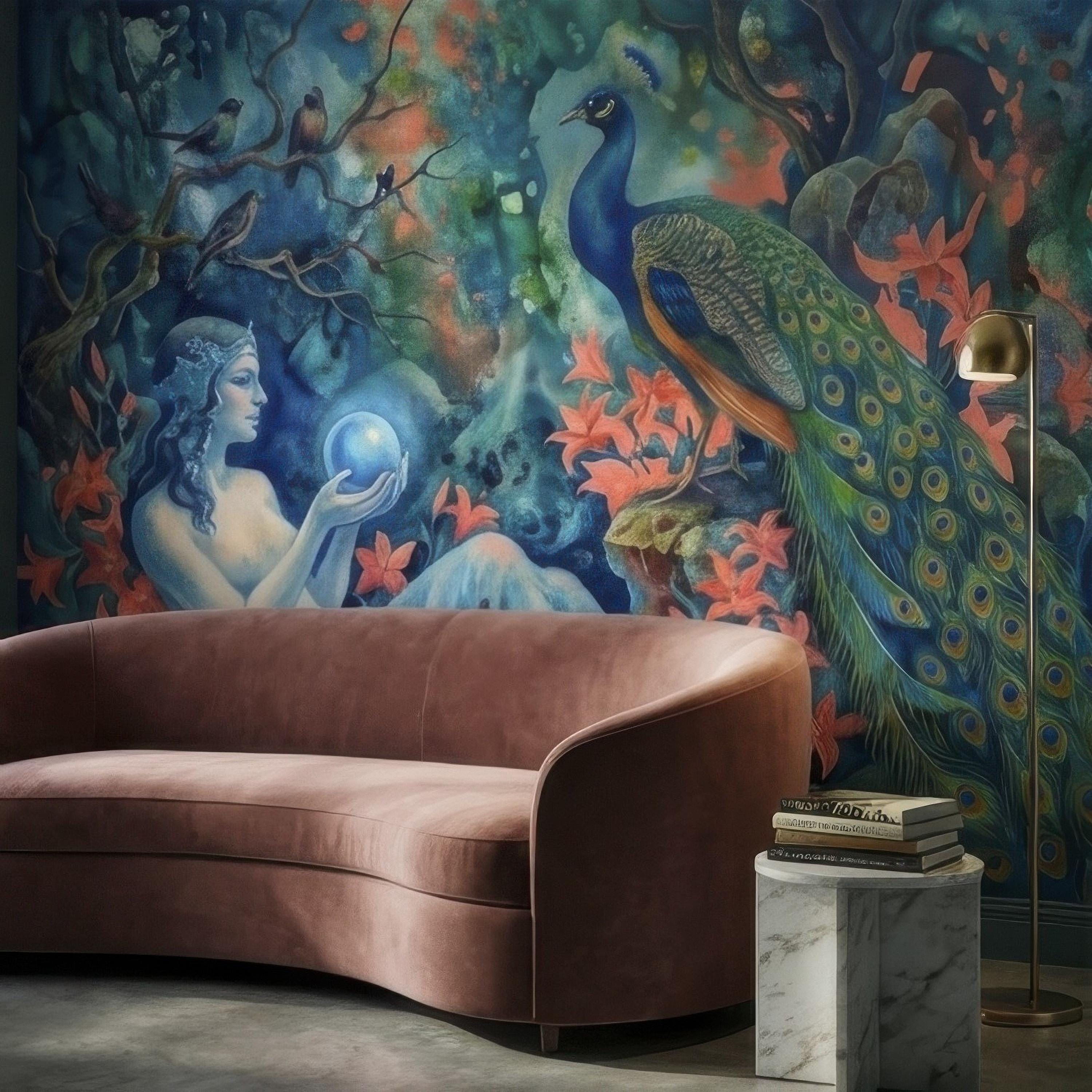 Enchanted Peacock Goddess with Crystal Ball in Floral Forest Peel and Stick Wall Mural, Fantasy Watercolor Art Nouveau Dreamscape Wallpaper