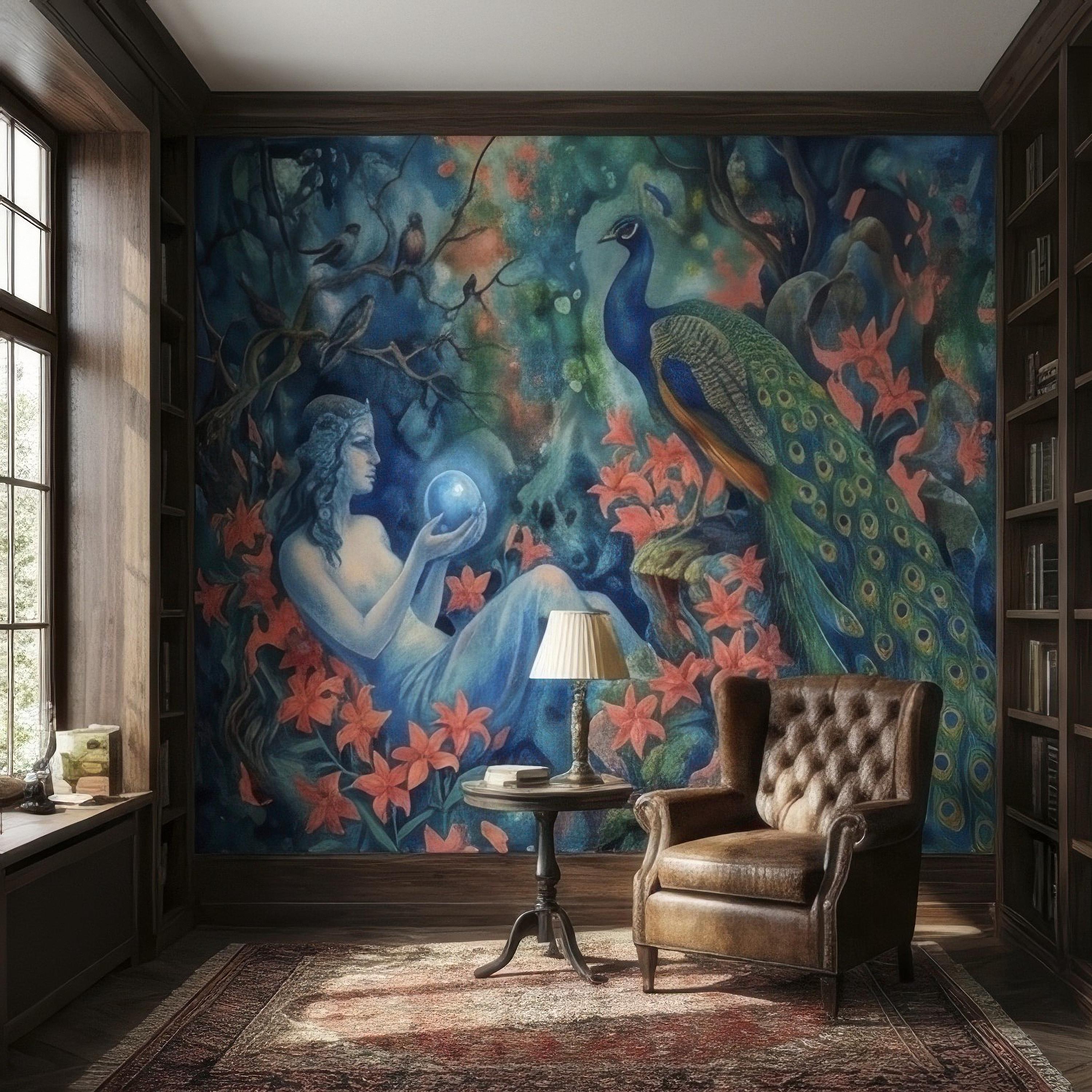 Enchanted Peacock Goddess with Crystal Ball in Floral Forest Peel and Stick Wall Mural, Fantasy Watercolor Art Nouveau Dreamscape Wallpaper