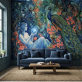 Enchanted Peacock Goddess with Crystal Ball in Floral Forest Peel and Stick Wall Mural, Fantasy Watercolor Art Nouveau Dreamscape Wallpaper