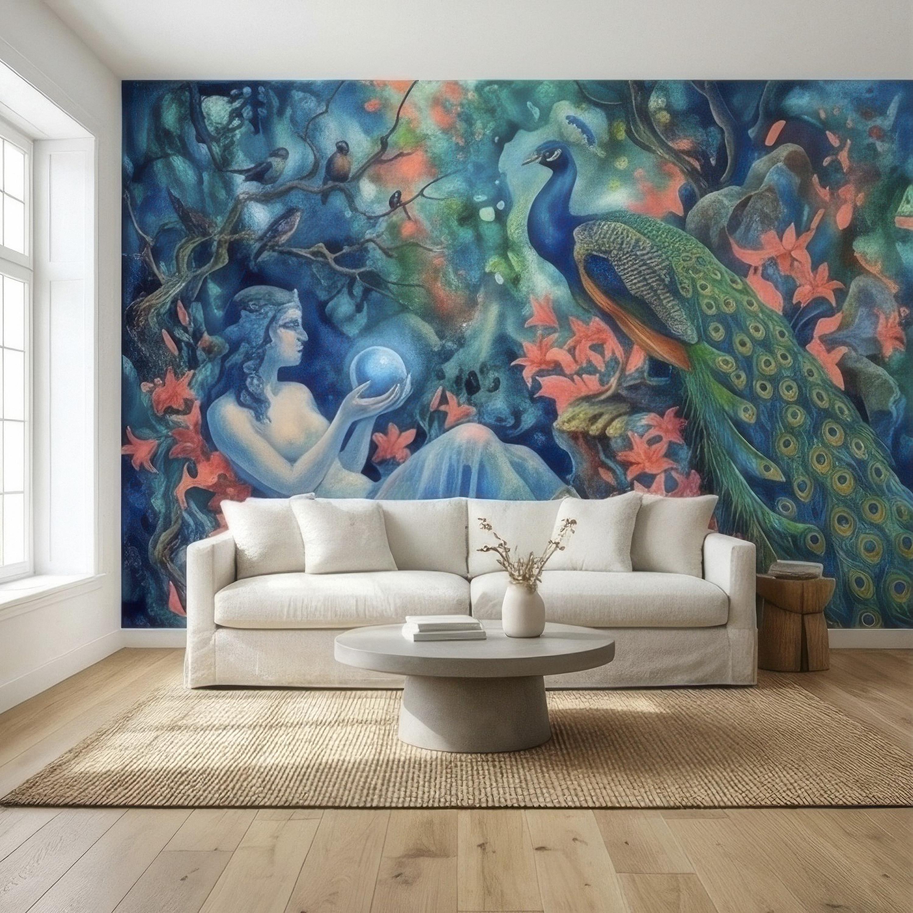 Enchanted Peacock Goddess with Crystal Ball in Floral Forest Peel and Stick Wall Mural, Fantasy Watercolor Art Nouveau Dreamscape Wallpaper