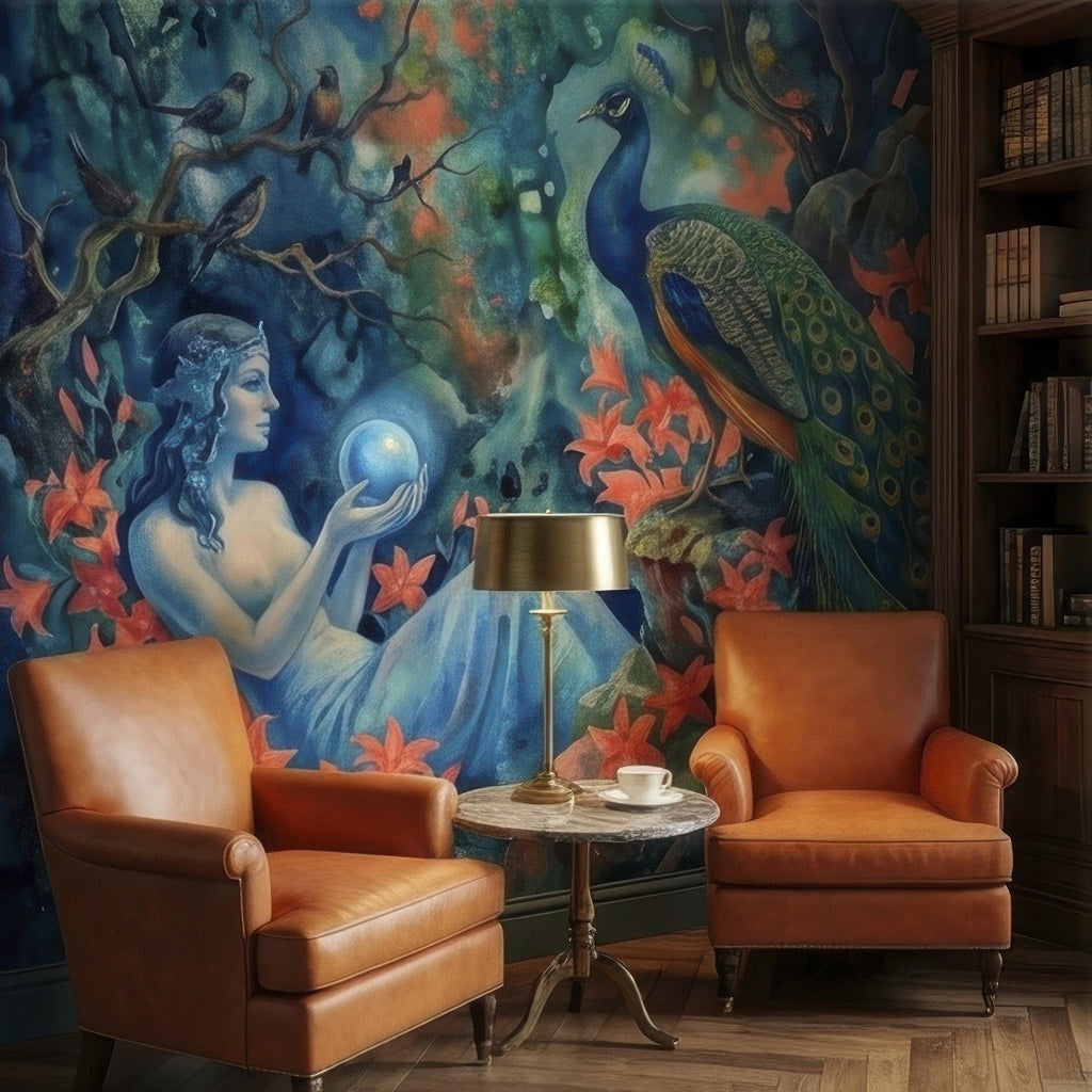 Enchanted Peacock Goddess with Crystal Ball in Floral Forest Peel and Stick Wall Mural, Fantasy Watercolor Art Nouveau Dreamscape Wallpaper