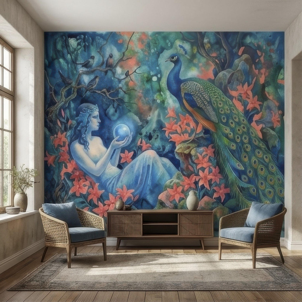 Enchanted Peacock Goddess with Crystal Ball in Floral Forest Peel and Stick Wall Mural, Fantasy Watercolor Art Nouveau Dreamscape Wallpaper