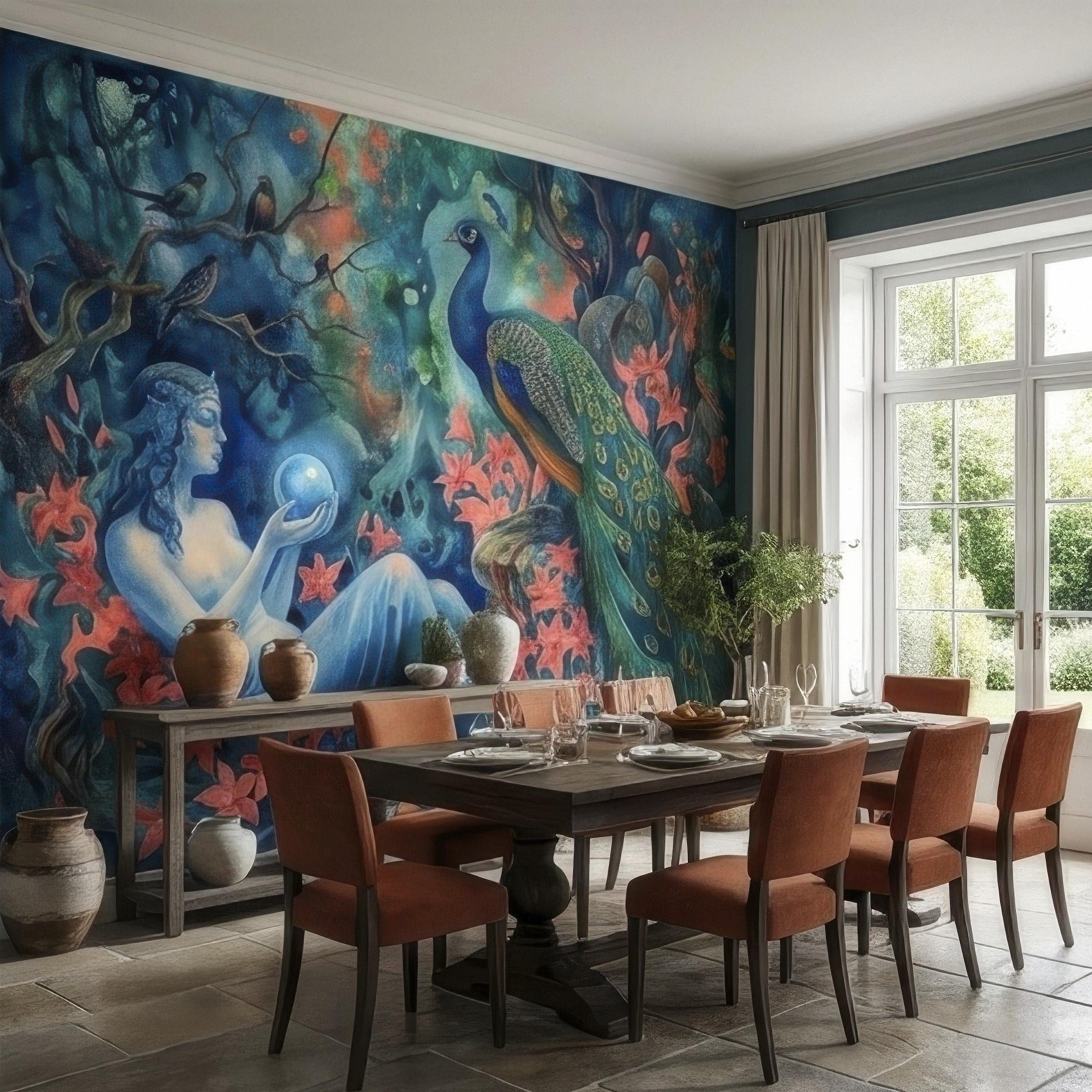 Enchanted Peacock Goddess with Crystal Ball in Floral Forest Peel and Stick Wall Mural, Fantasy Watercolor Art Nouveau Dreamscape Wallpaper