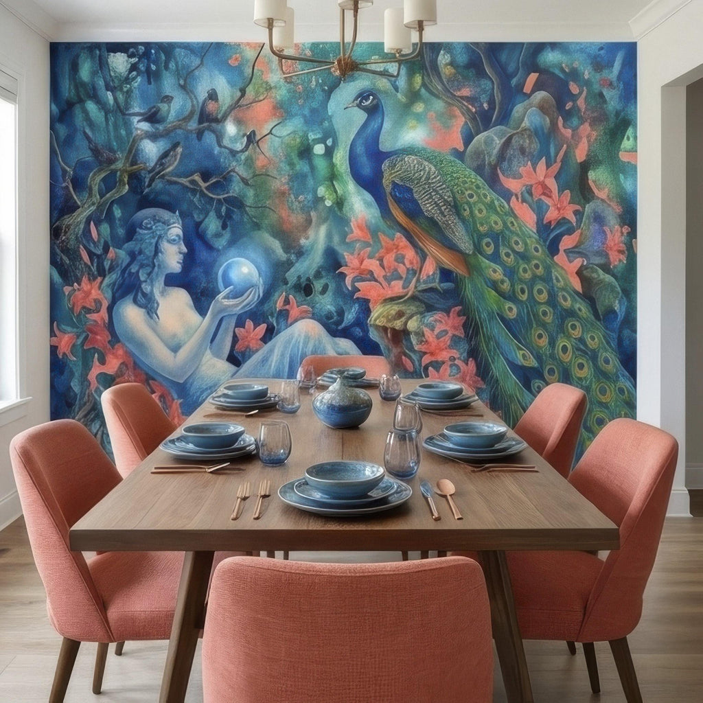 Enchanted Peacock Goddess with Crystal Ball in Floral Forest Peel and Stick Wall Mural, Fantasy Watercolor Art Nouveau Dreamscape Wallpaper