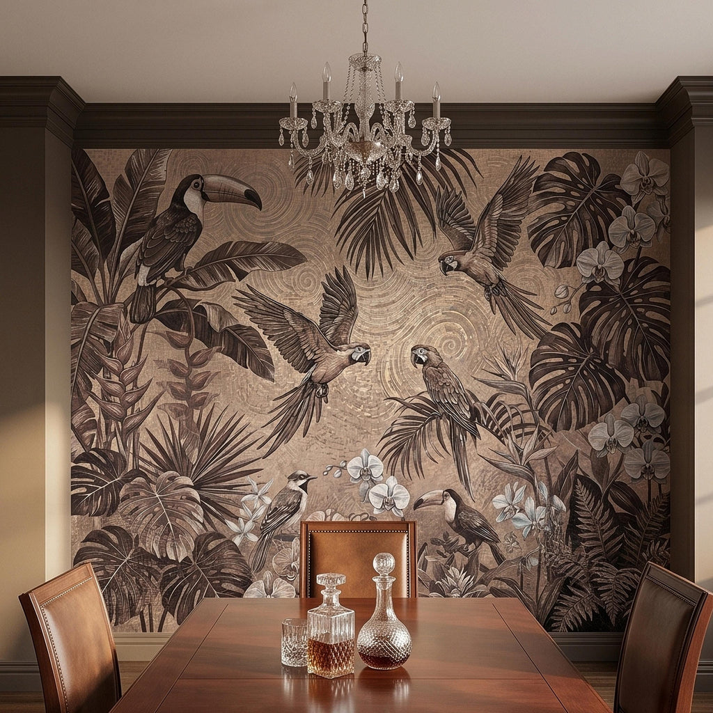 Tropical Birds and Orchids Peel and Stick Wall Mural, Vintage Toucan Parrot Jungle Monstera Leaves, Neutral Sepia Botanical Toile Wallpaper