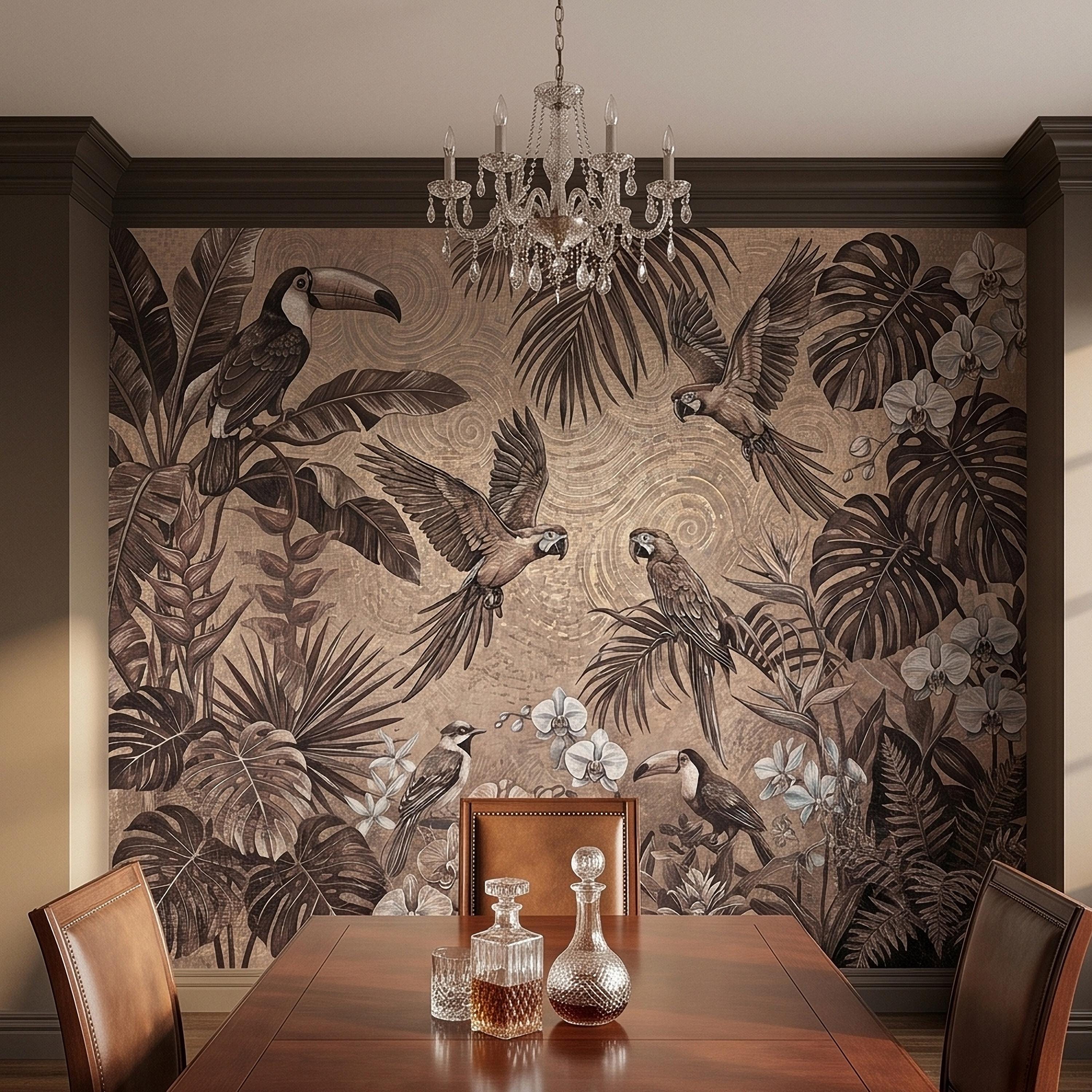 Tropical Birds and Orchids Peel and Stick Wall Mural, Vintage Toucan Parrot Jungle Monstera Leaves, Neutral Sepia Botanical Toile Wallpaper