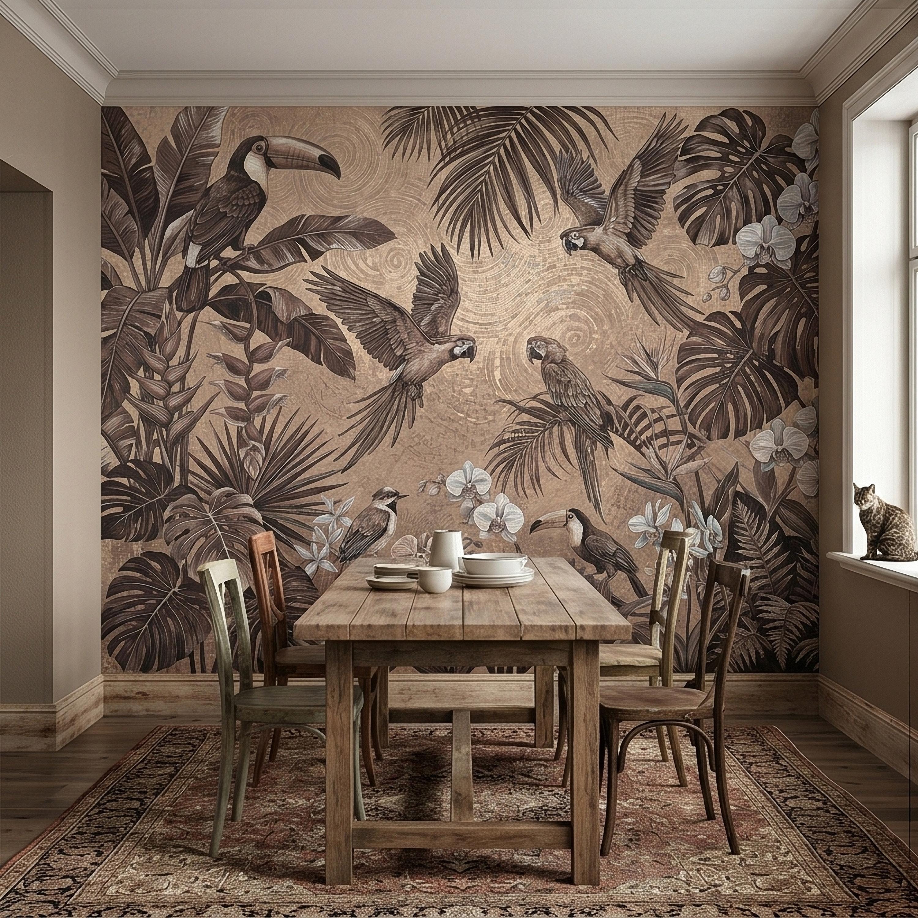 Tropical Birds and Orchids Peel and Stick Wall Mural, Vintage Toucan Parrot Jungle Monstera Leaves, Neutral Sepia Botanical Toile Wallpaper