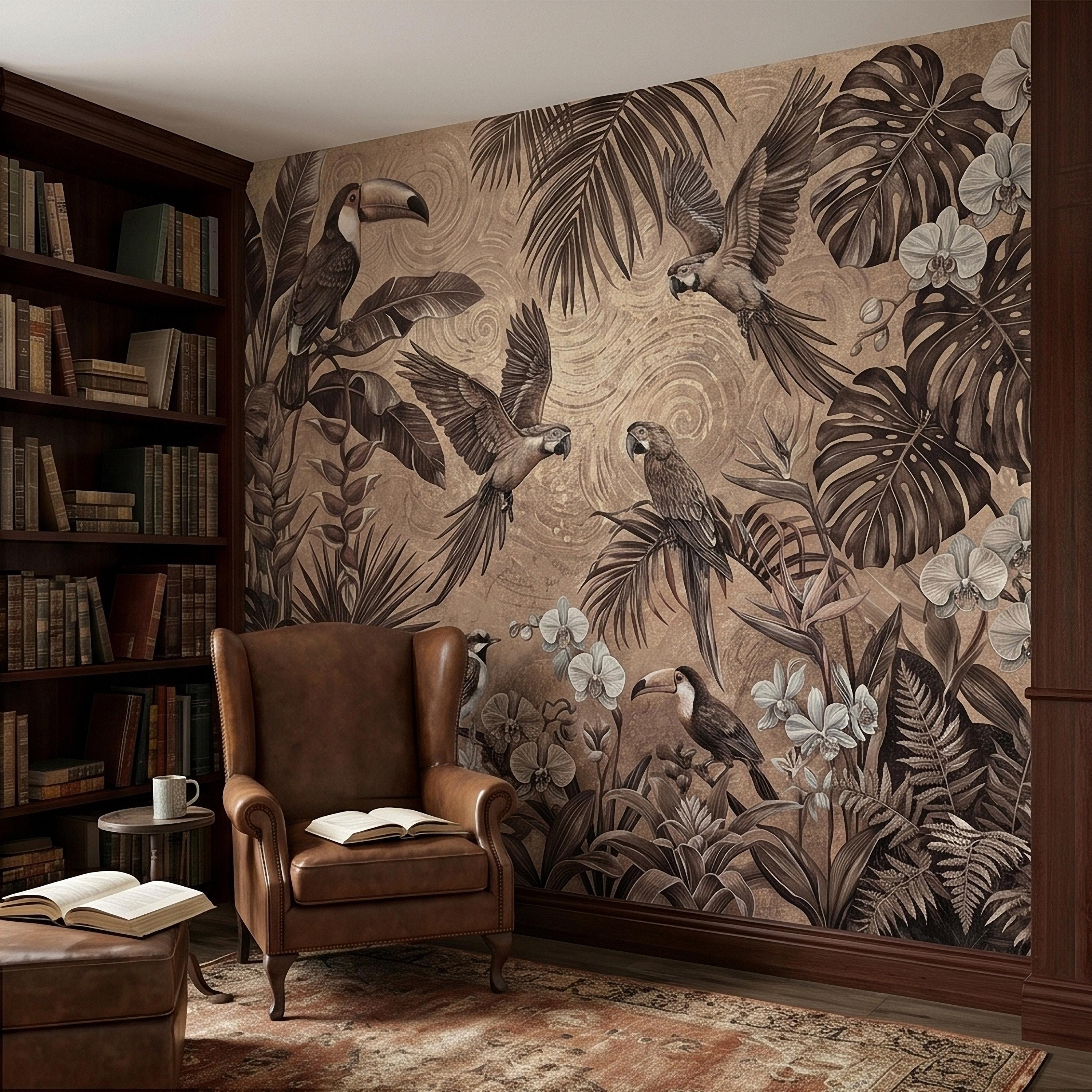 Tropical Birds and Orchids Peel and Stick Wall Mural, Vintage Toucan Parrot Jungle Monstera Leaves, Neutral Sepia Botanical Toile Wallpaper