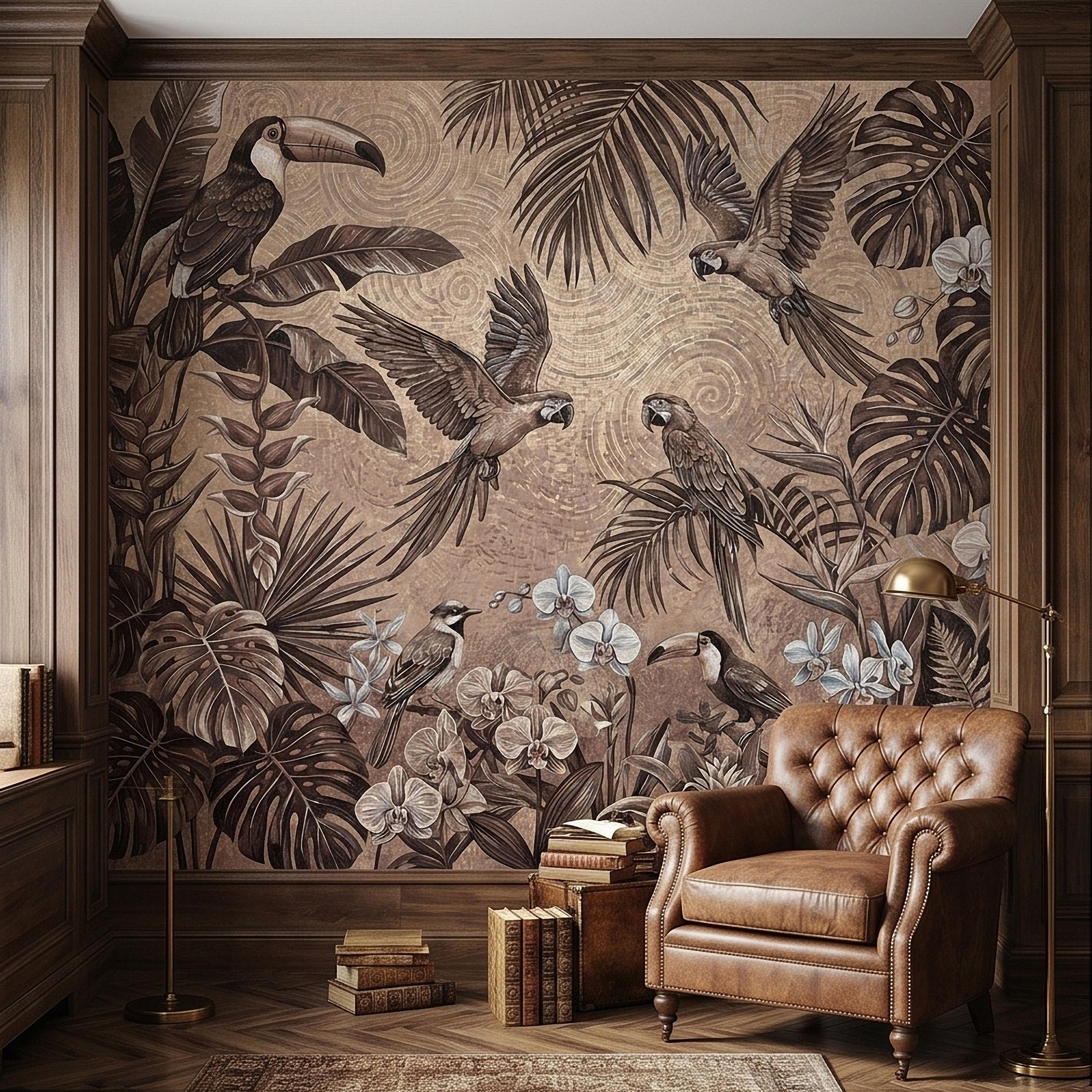 Tropical Birds and Orchids Peel and Stick Wall Mural, Vintage Toucan Parrot Jungle Monstera Leaves, Neutral Sepia Botanical Toile Wallpaper