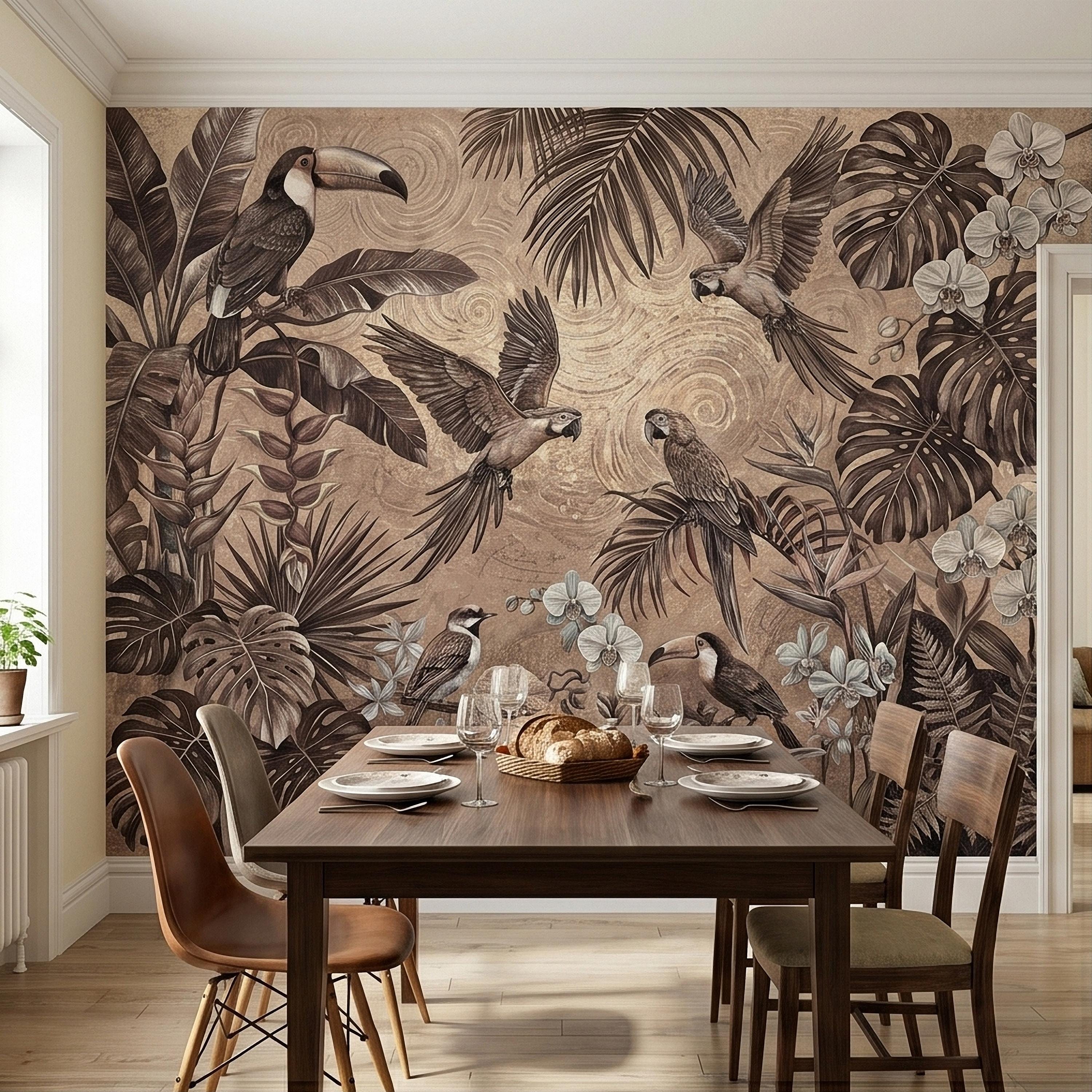 Tropical Birds and Orchids Peel and Stick Wall Mural, Vintage Toucan Parrot Jungle Monstera Leaves, Neutral Sepia Botanical Toile Wallpaper
