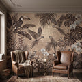 Tropical Birds and Orchids Peel and Stick Wall Mural, Vintage Toucan Parrot Jungle Monstera Leaves, Neutral Sepia Botanical Toile Wallpaper