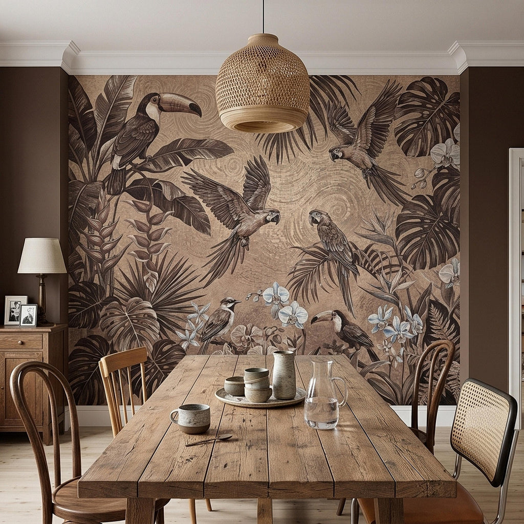 Tropical Birds and Orchids Peel and Stick Wall Mural, Vintage Toucan Parrot Jungle Monstera Leaves, Neutral Sepia Botanical Toile Wallpaper