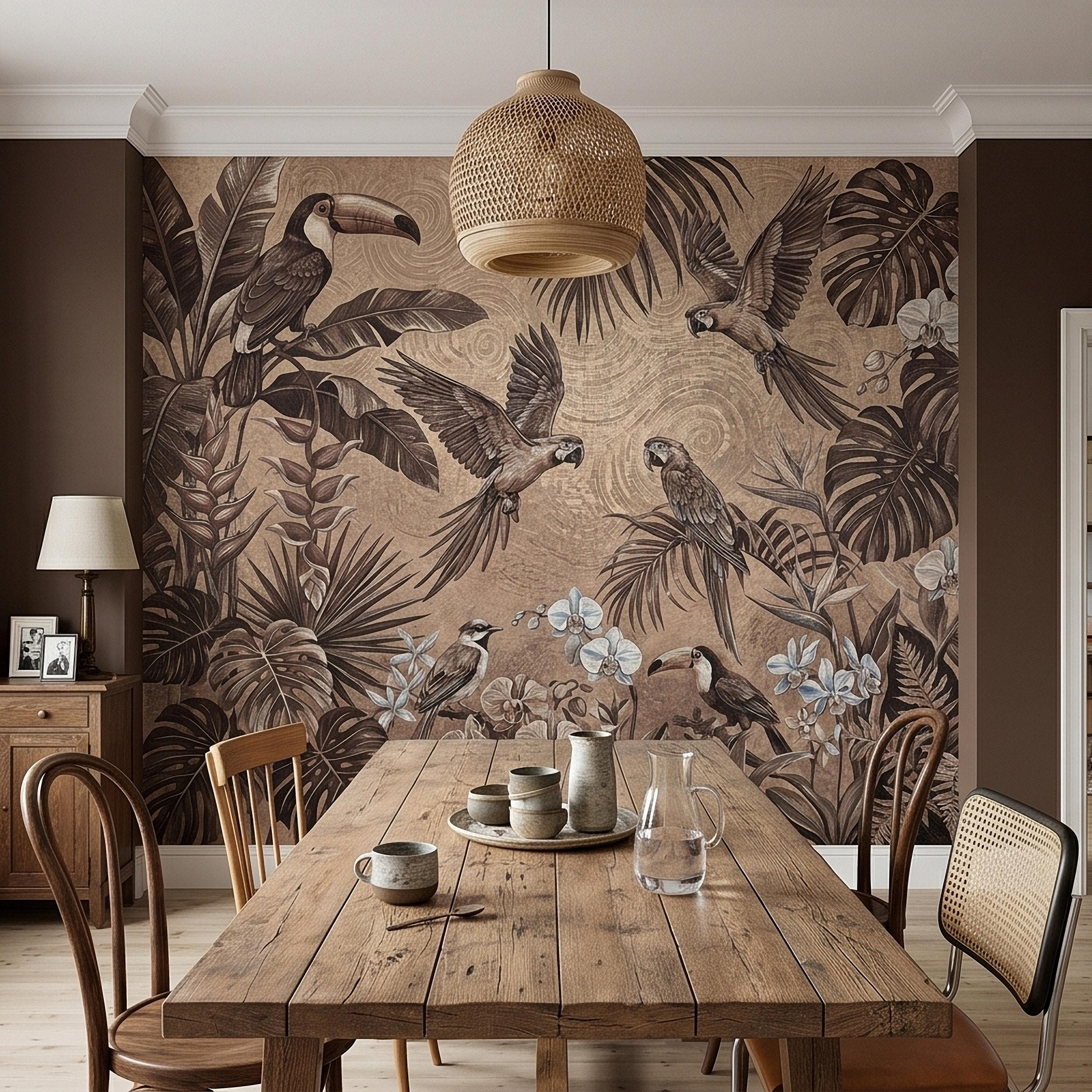 Tropical Birds and Orchids Peel and Stick Wall Mural, Vintage Toucan Parrot Jungle Monstera Leaves, Neutral Sepia Botanical Toile Wallpaper