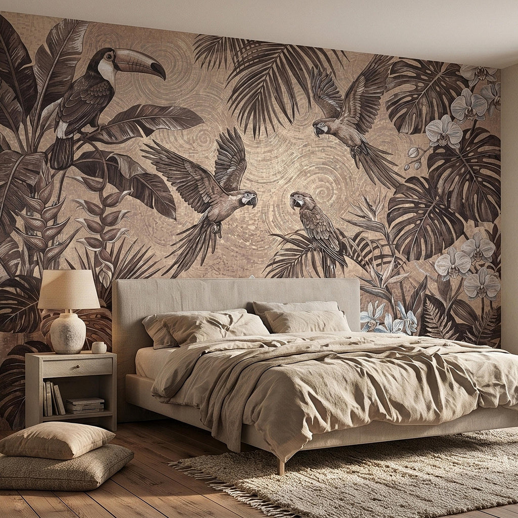 Tropical Birds and Orchids Peel and Stick Wall Mural, Vintage Toucan Parrot Jungle Monstera Leaves, Neutral Sepia Botanical Toile Wallpaper