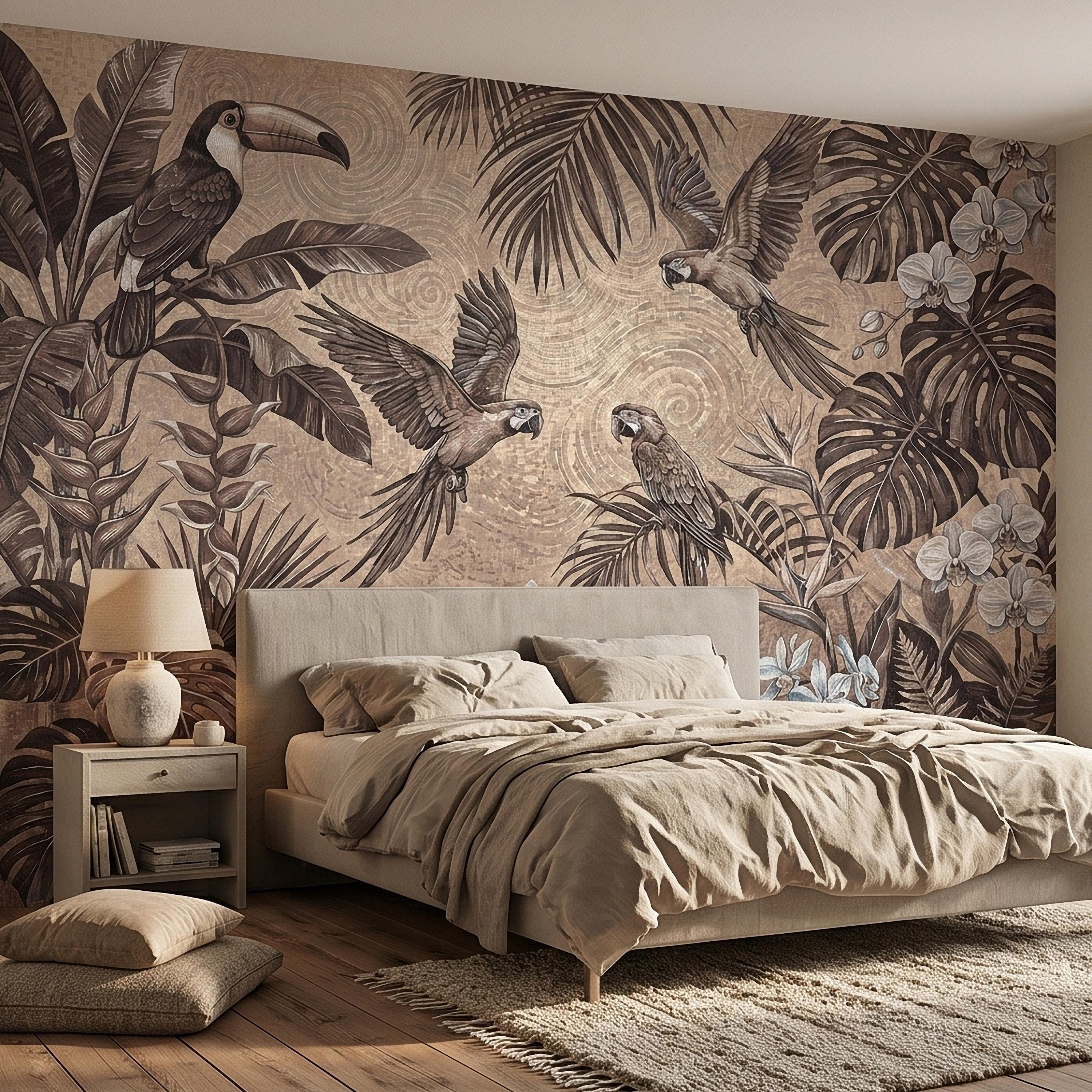 Tropical Birds and Orchids Peel and Stick Wall Mural, Vintage Toucan Parrot Jungle Monstera Leaves, Neutral Sepia Botanical Toile Wallpaper