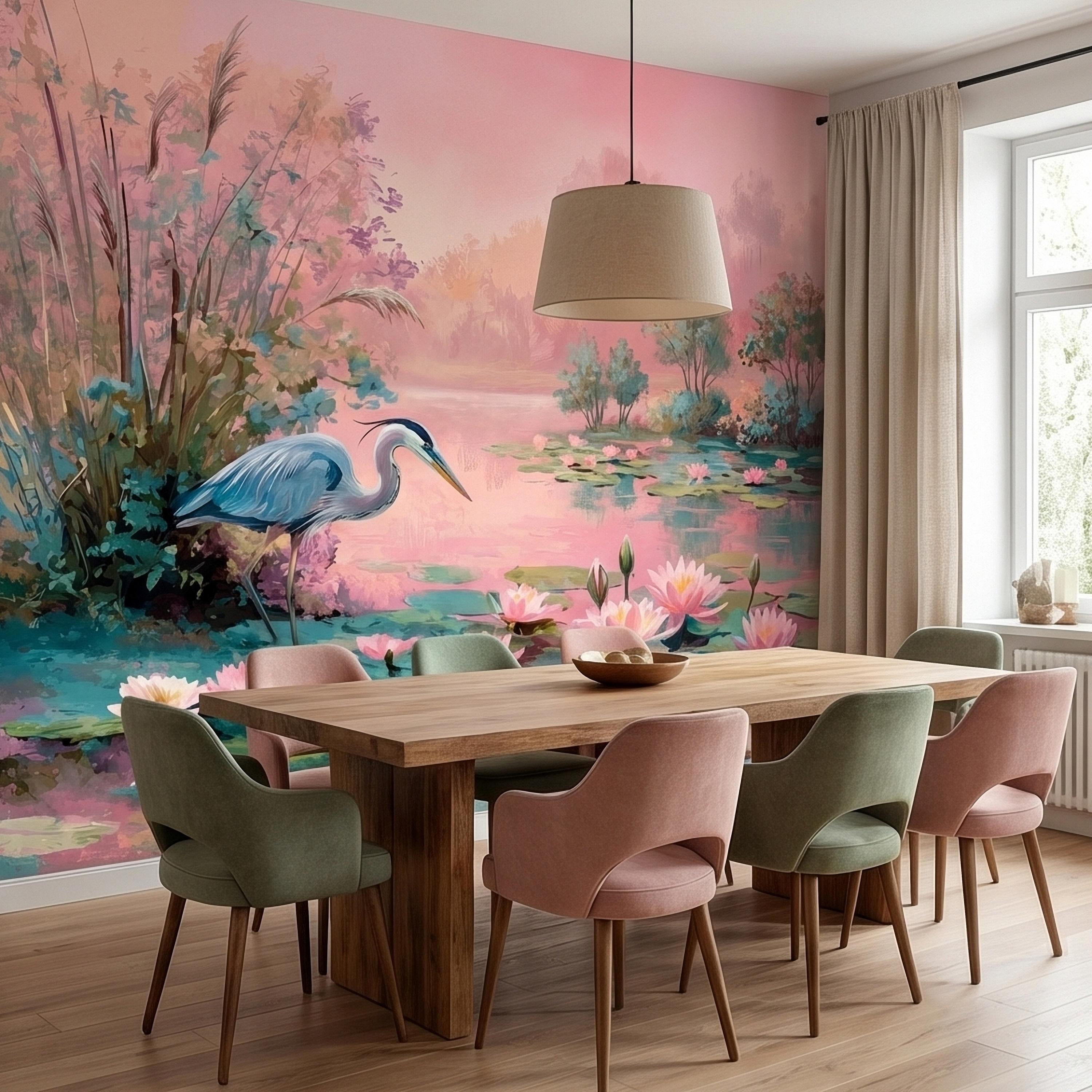 Blue Heron at Pink Lotus Pond Sunrise Serene Peel and Stick Wall Mural, Water Lily Lake Botanical Landscape Pastel Watercolor Wallpaper