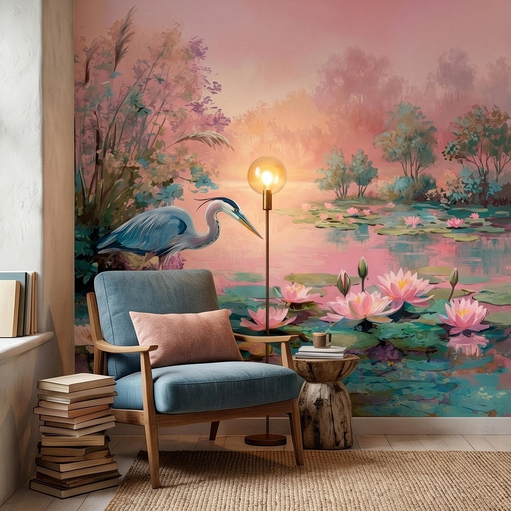 Blue Heron at Pink Lotus Pond Sunrise Serene Peel and Stick Wall Mural, Water Lily Lake Botanical Landscape Pastel Watercolor Wallpaper