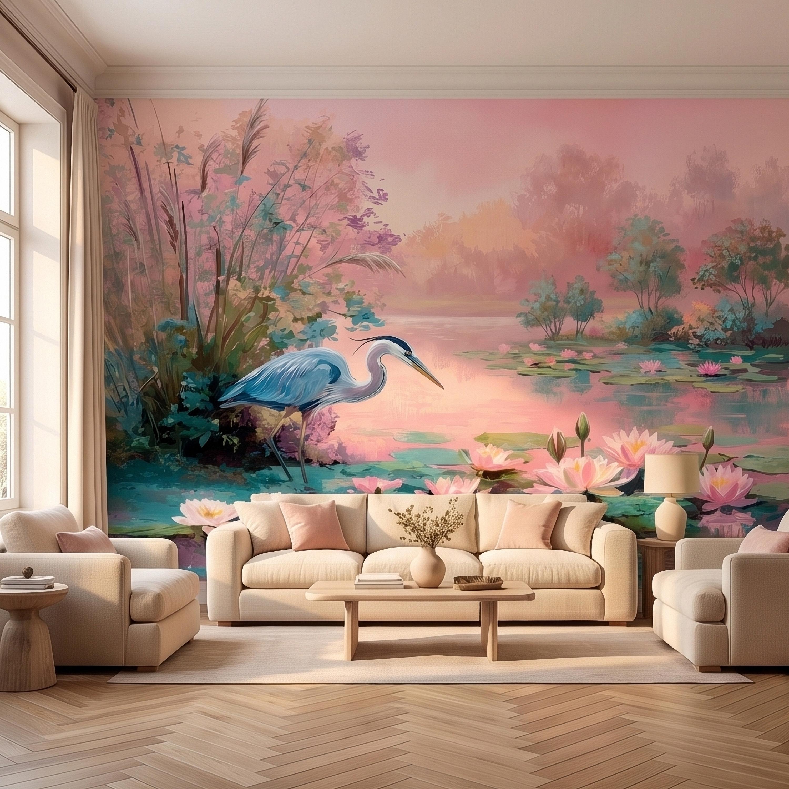 Blue Heron at Pink Lotus Pond Sunrise Serene Peel and Stick Wall Mural, Water Lily Lake Botanical Landscape Pastel Watercolor Wallpaper