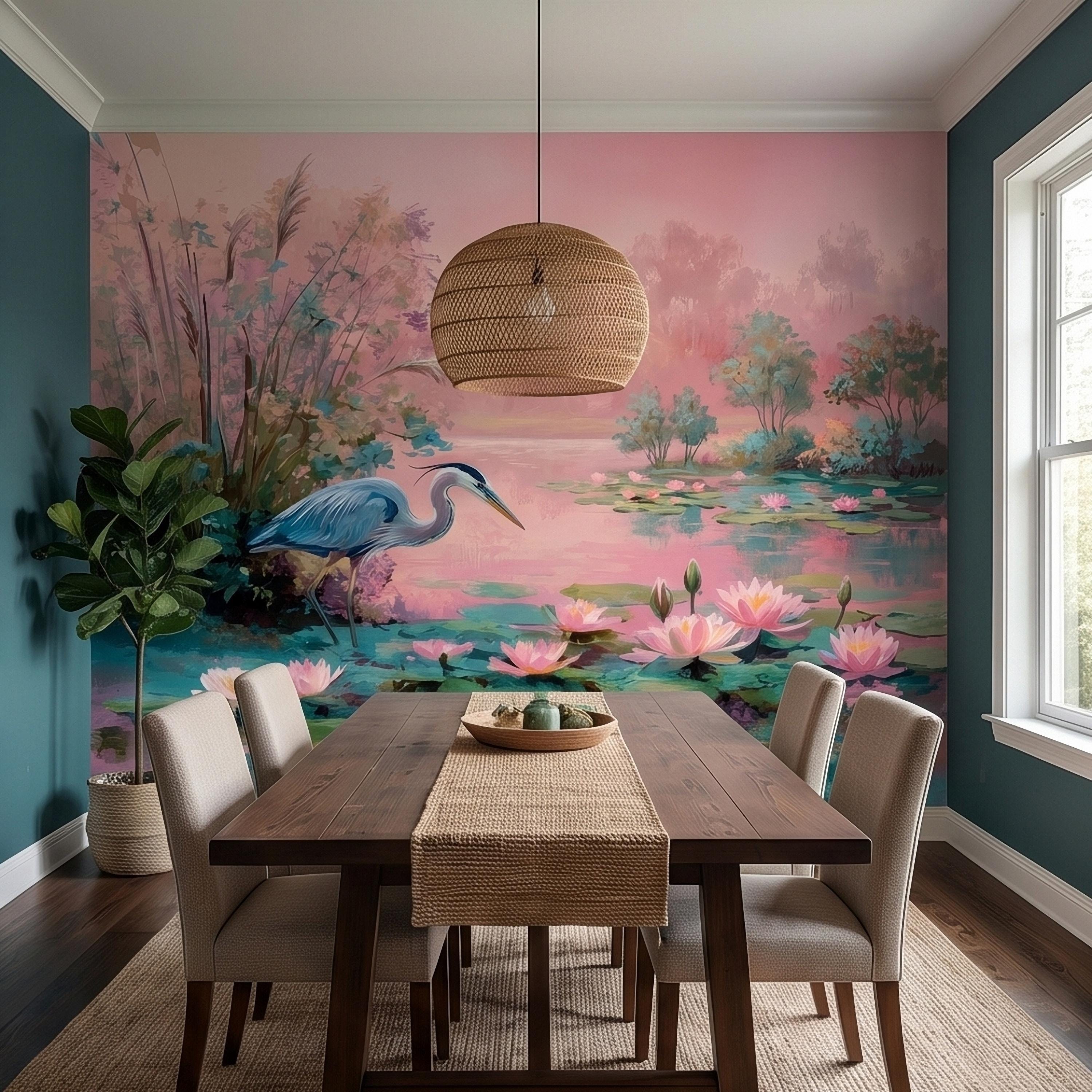 Blue Heron at Pink Lotus Pond Sunrise Serene Peel and Stick Wall Mural, Water Lily Lake Botanical Landscape Pastel Watercolor Wallpaper