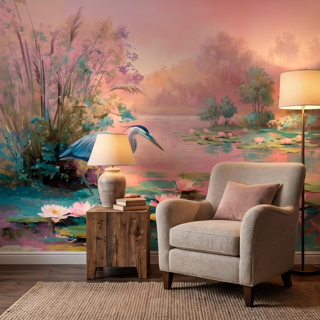 Blue Heron at Pink Lotus Pond Sunrise Serene Peel and Stick Wall Mural, Water Lily Lake Botanical Landscape Pastel Watercolor Wallpaper