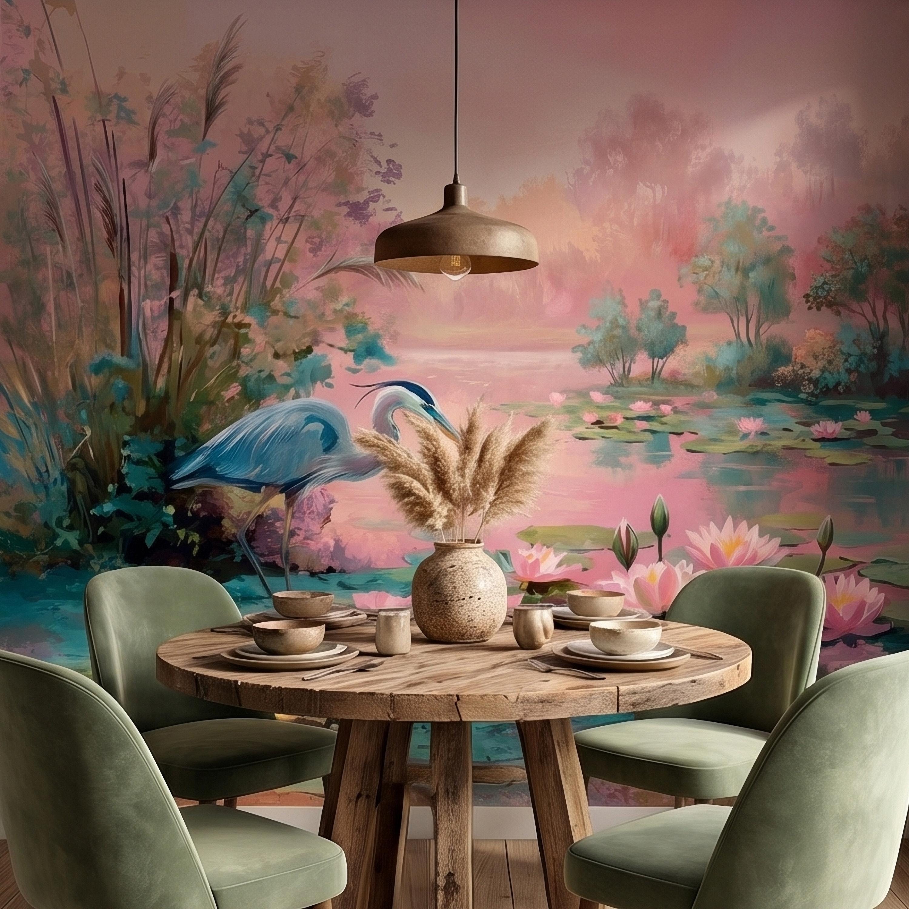 Blue Heron at Pink Lotus Pond Sunrise Serene Peel and Stick Wall Mural, Water Lily Lake Botanical Landscape Pastel Watercolor Wallpaper