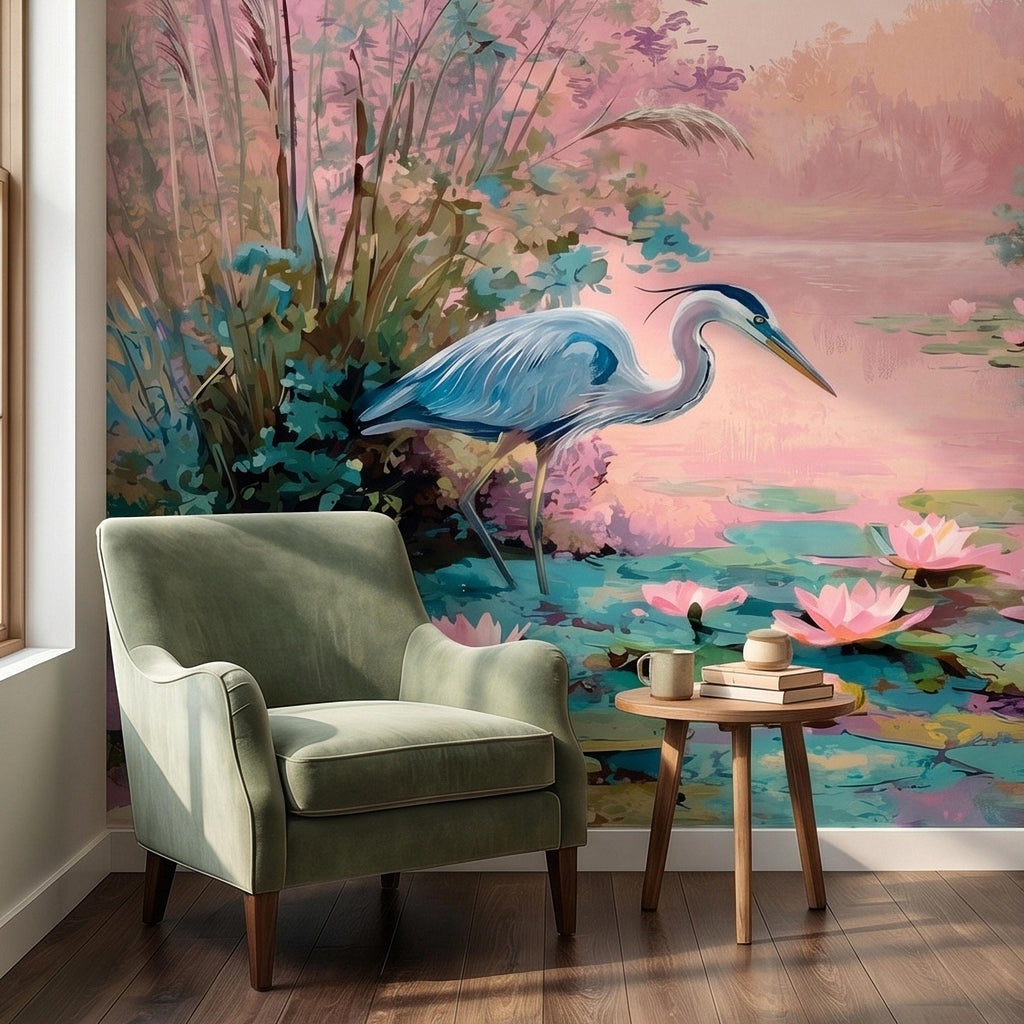 Blue Heron at Pink Lotus Pond Sunrise Serene Peel and Stick Wall Mural, Water Lily Lake Botanical Landscape Pastel Watercolor Wallpaper