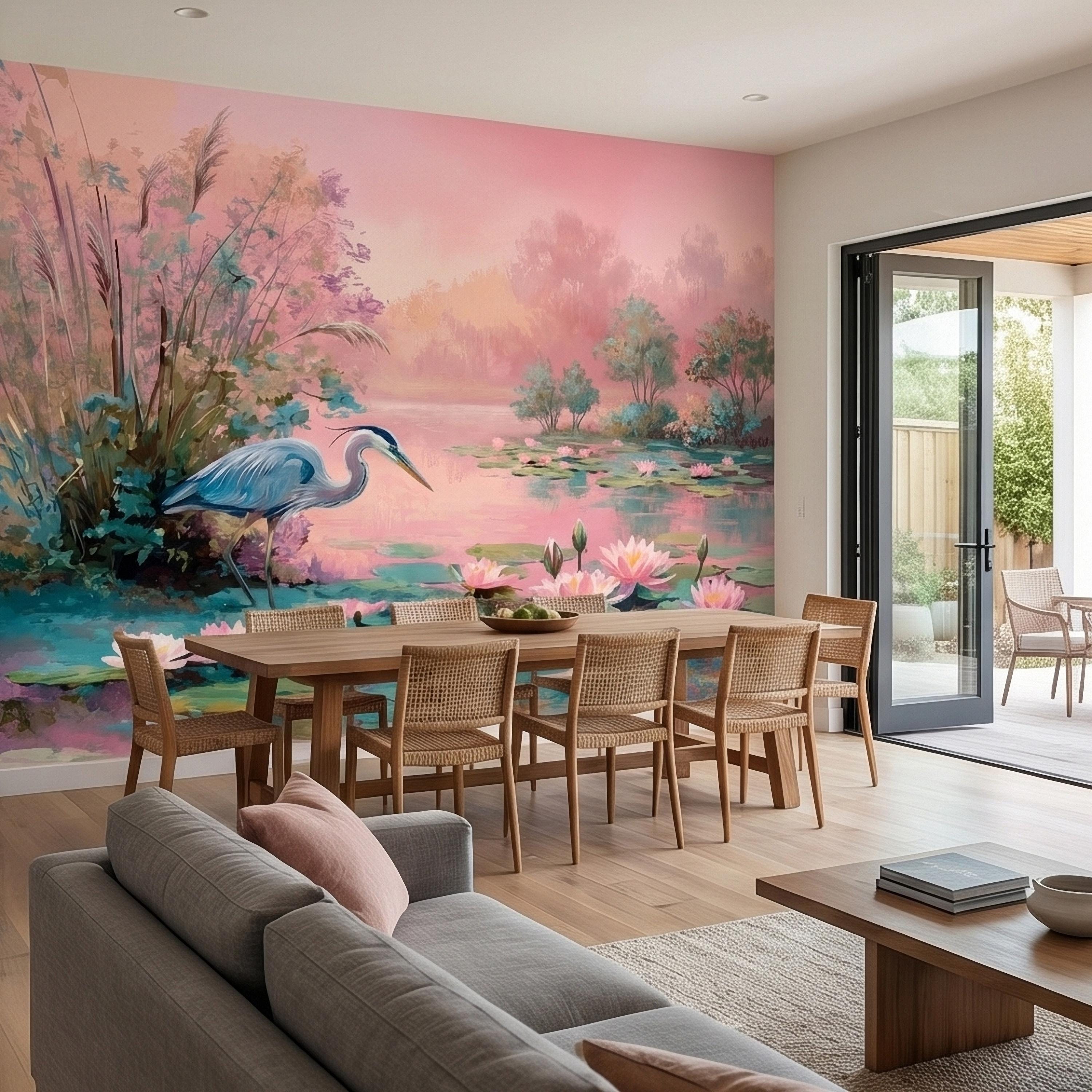 Blue Heron at Pink Lotus Pond Sunrise Serene Peel and Stick Wall Mural, Water Lily Lake Botanical Landscape Pastel Watercolor Wallpaper