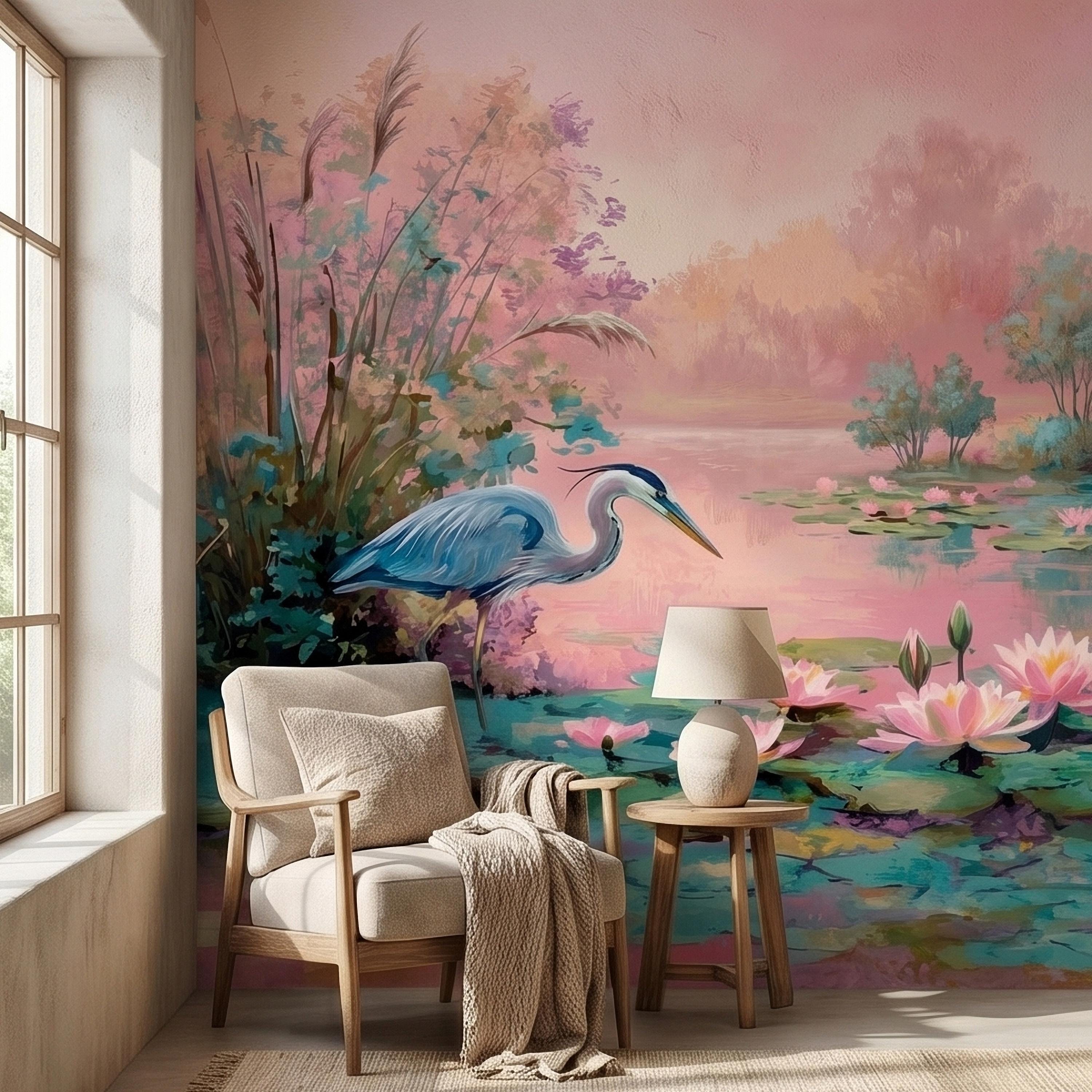 Blue Heron at Pink Lotus Pond Sunrise Serene Peel and Stick Wall Mural, Water Lily Lake Botanical Landscape Pastel Watercolor Wallpaper