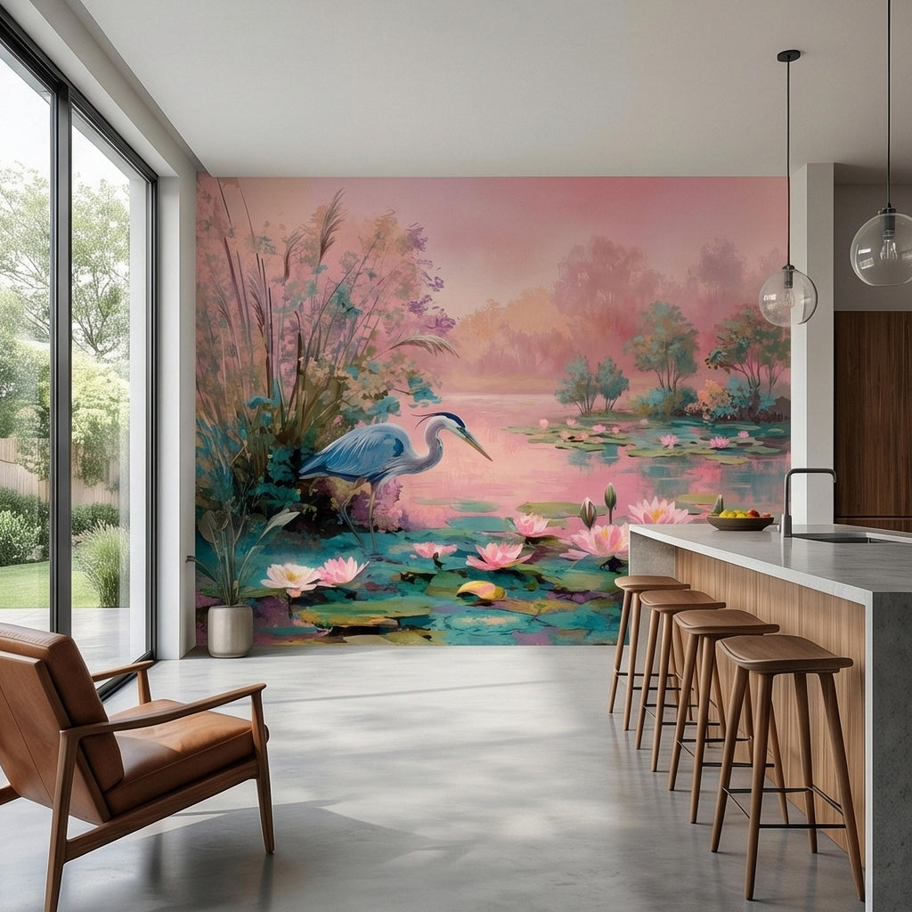 Blue Heron at Pink Lotus Pond Sunrise Serene Peel and Stick Wall Mural, Water Lily Lake Botanical Landscape Pastel Watercolor Wallpaper