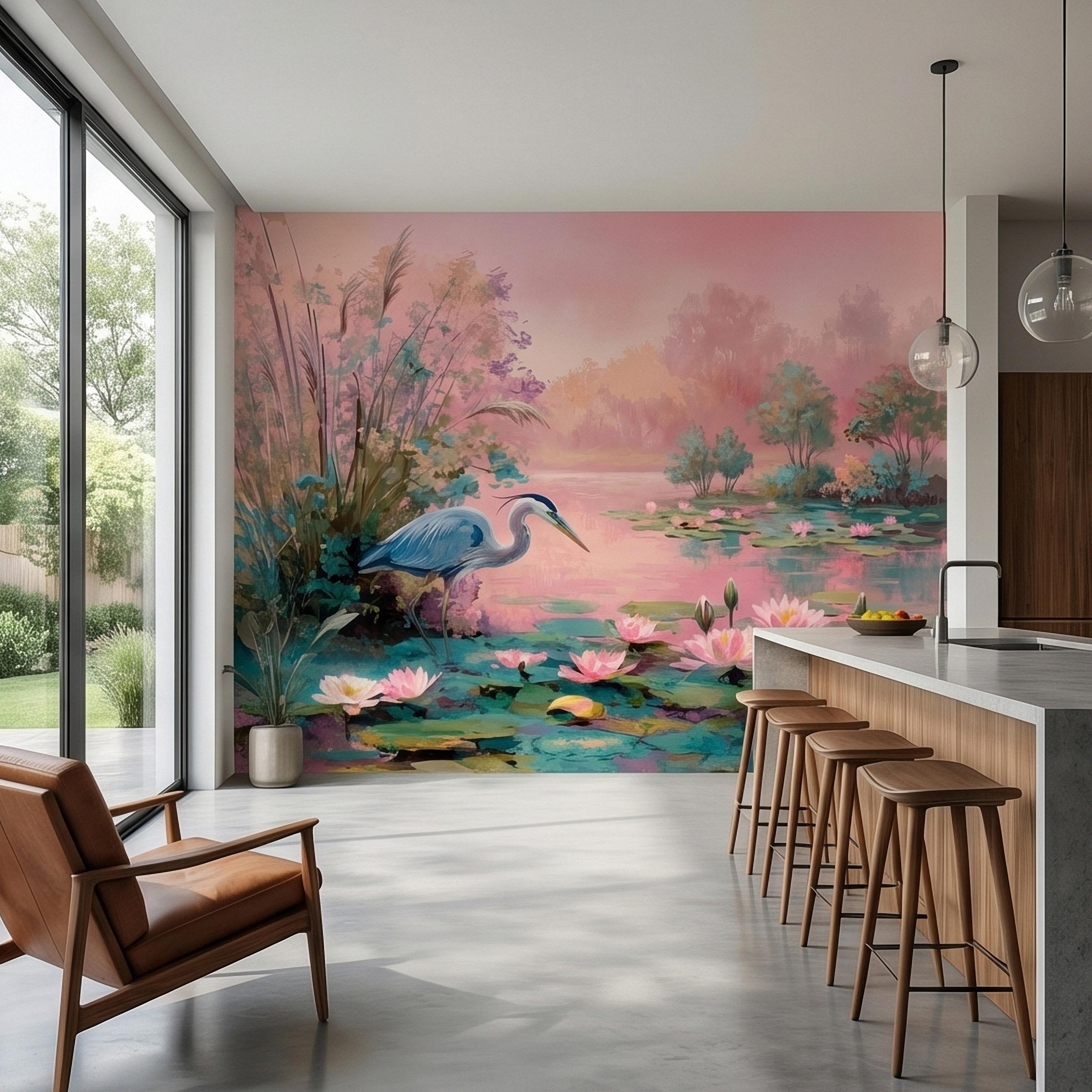 Blue Heron at Pink Lotus Pond Sunrise Serene Peel and Stick Wall Mural, Water Lily Lake Botanical Landscape Pastel Watercolor Wallpaper