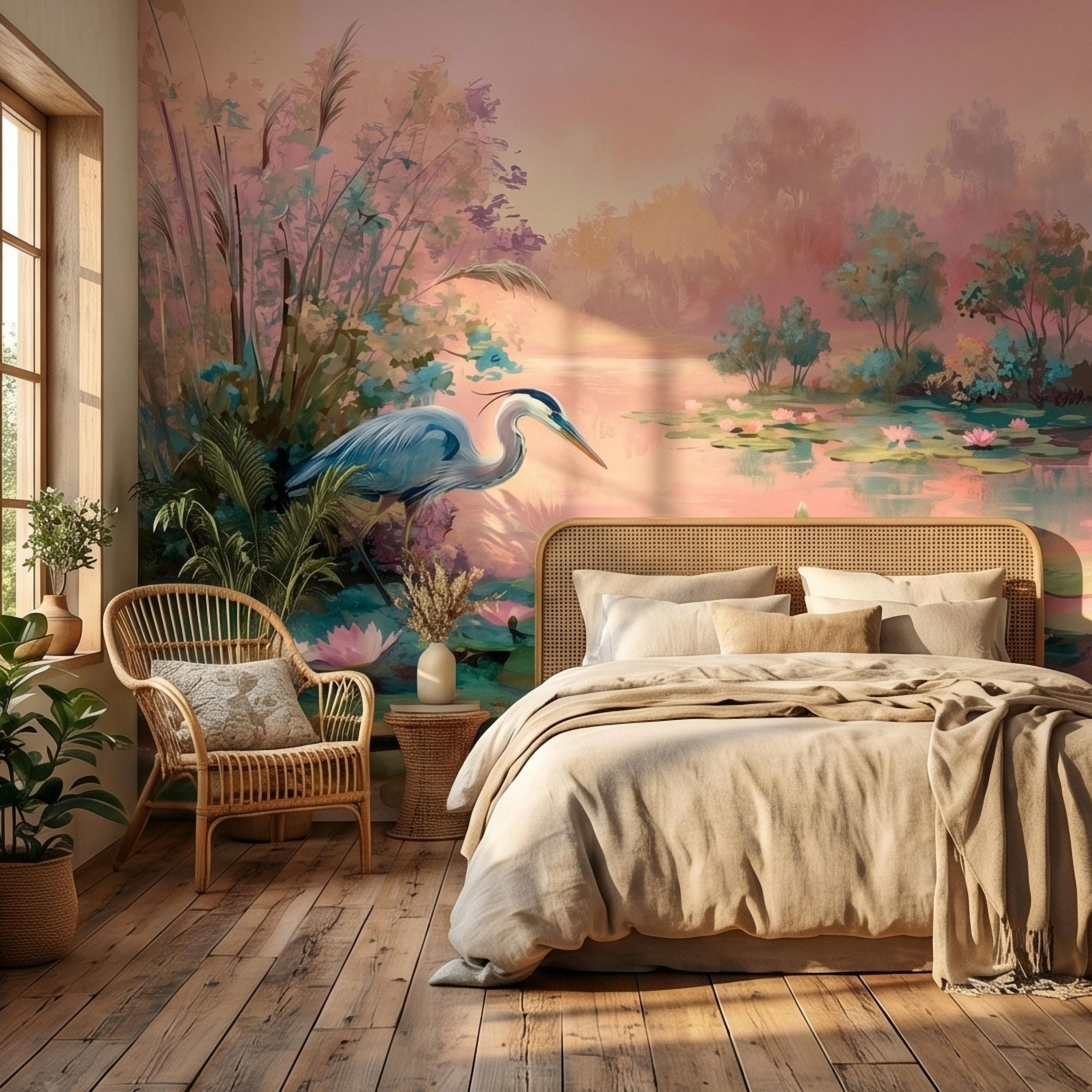 Blue Heron at Pink Lotus Pond Sunrise Serene Peel and Stick Wall Mural, Water Lily Lake Botanical Landscape Pastel Watercolor Wallpaper